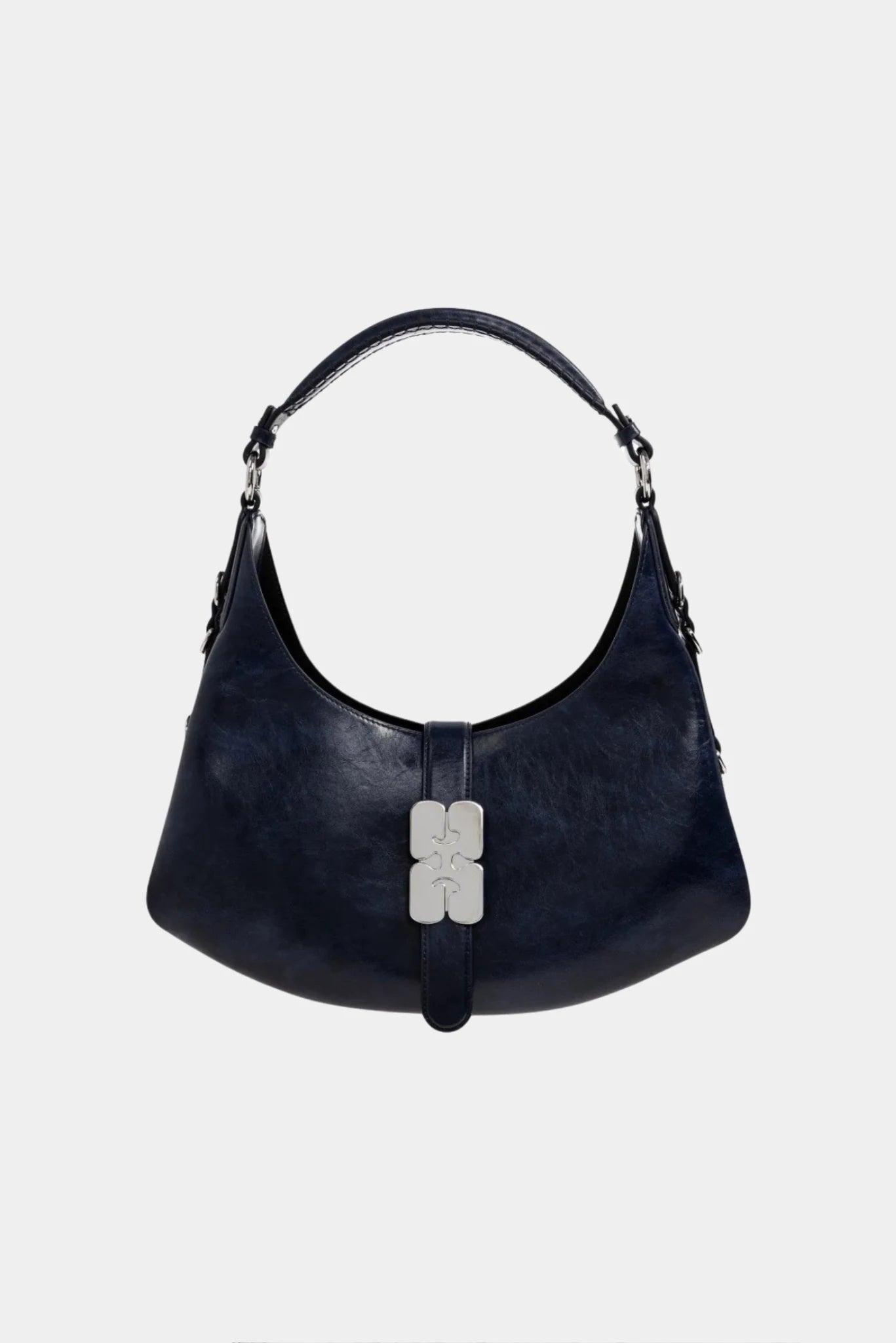 Bolsa Kat Pequena azul-marinho com textura crinkle e fecho metálico Ganni