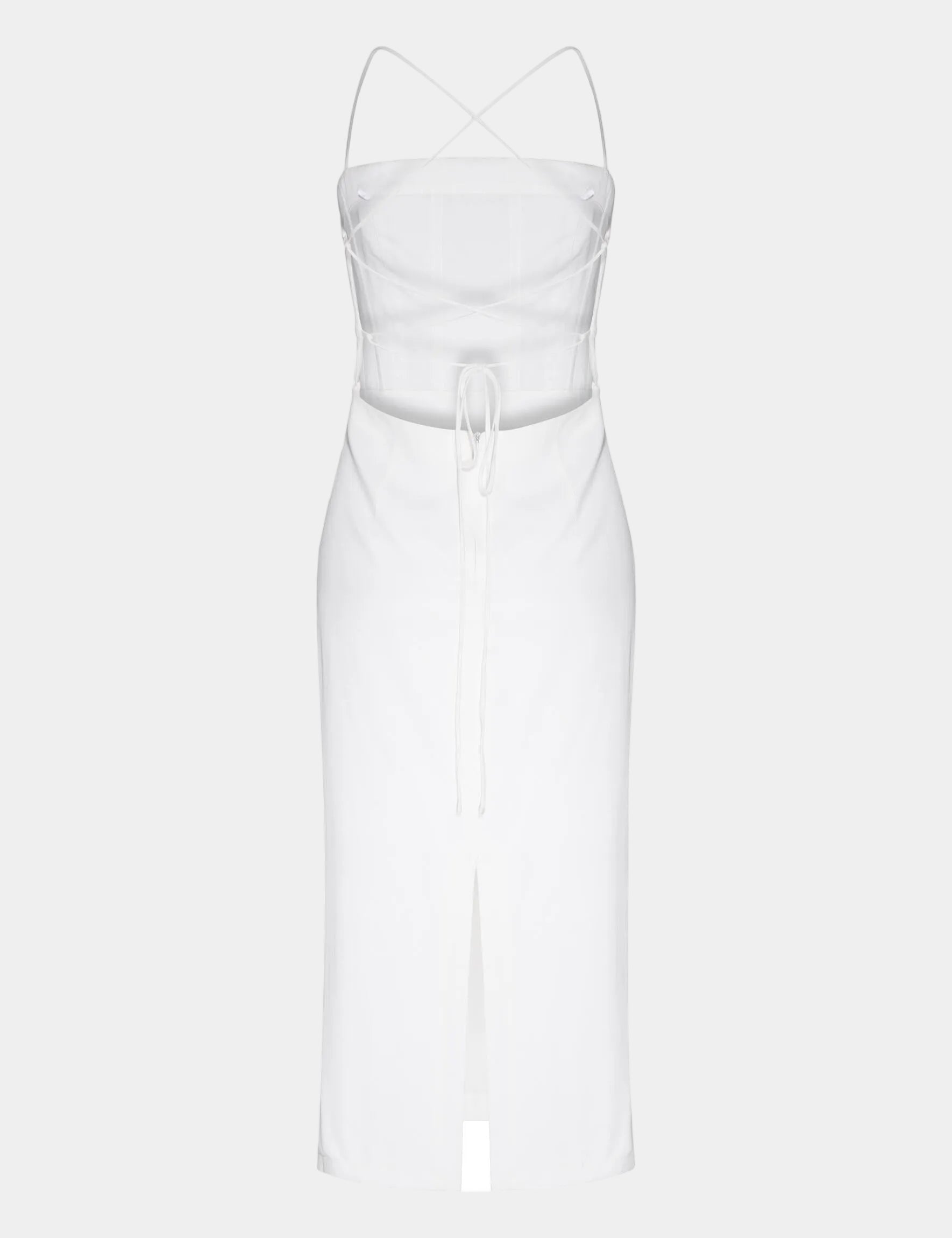 Costas de vestido midi off white com tiras cruzadas e fenda central