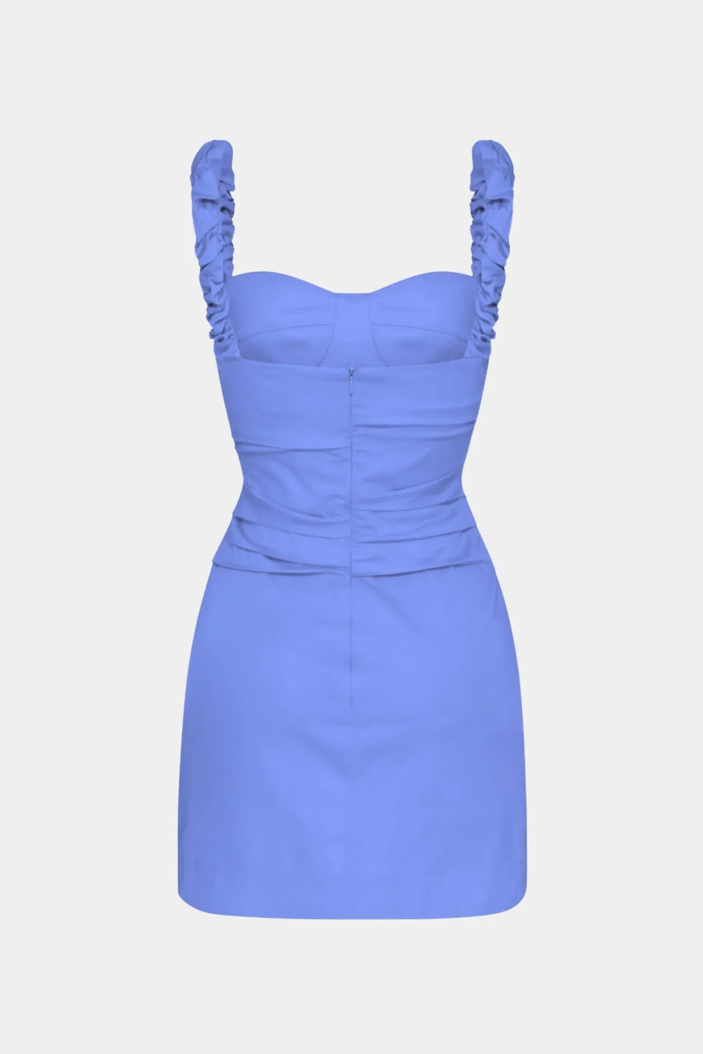 Costas do Vestido Curto Lipa Gaia azul com alças franzidas e zíper central