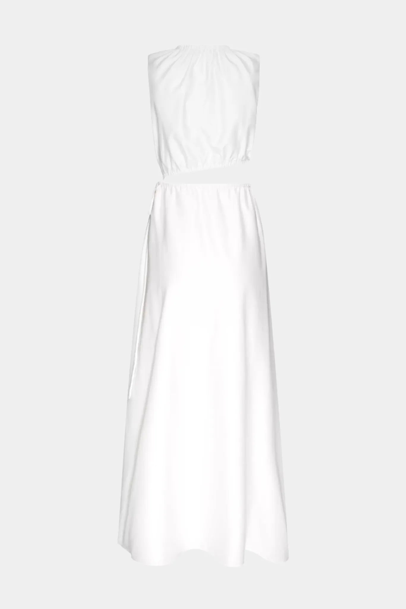 Vestido Nuage Gaia branco com recorte lateral, gola alta e saia longa fluida