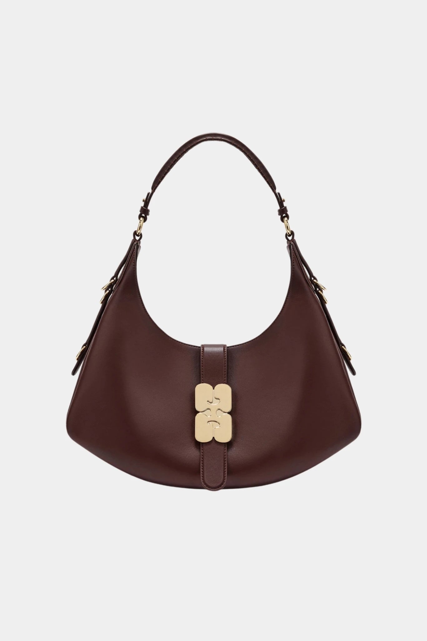 Bolsa Kat Pequena Ganni marrom com fecho dourado e formato hobo