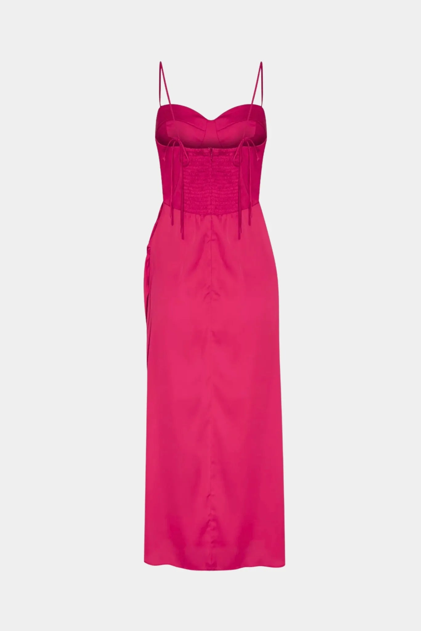 Costas do vestido midi Annabelle Gaia rosa pink com lastex e amarrações laterais
