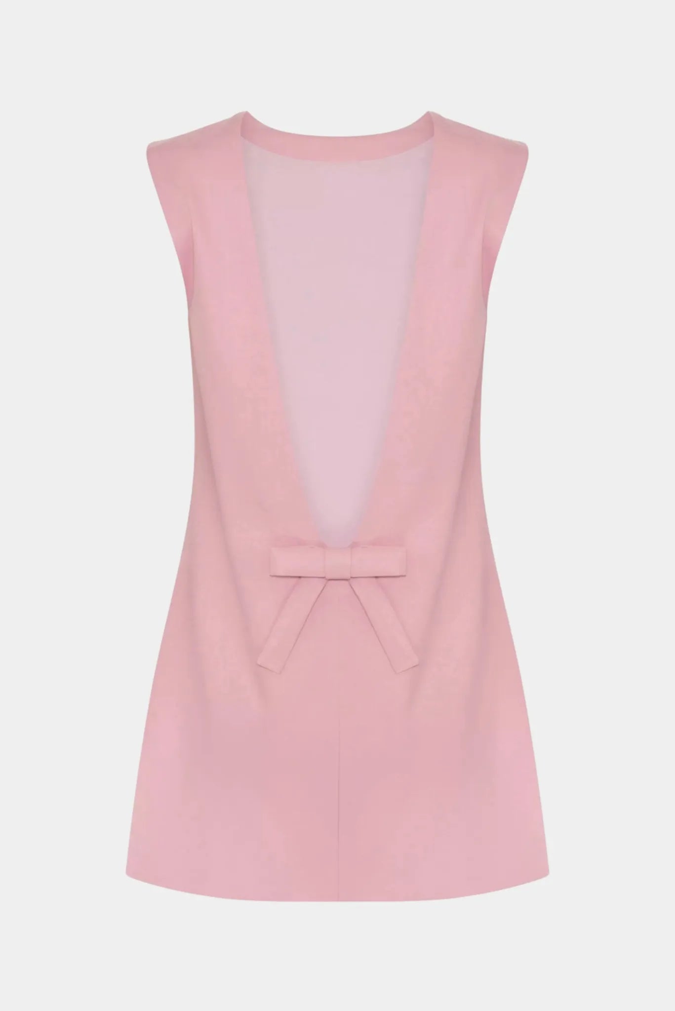 Costas do vestido curto Lacinni Gaia rosa claro com decote profundo e laço aplicado