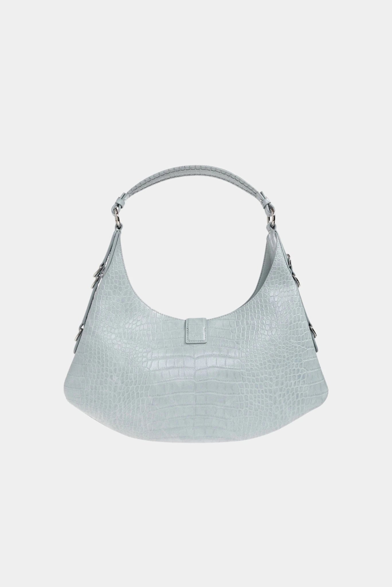 Vista traseira da bolsa Kat pequena Ganni em azul-claro com textura croco