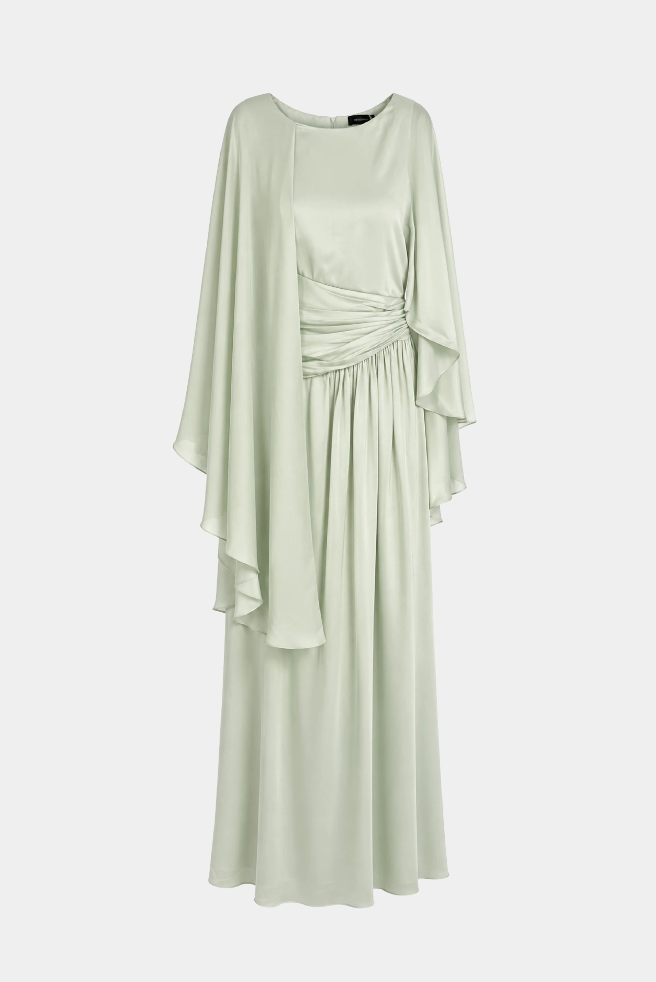 Vestido longo verde-menta com pala assimétrica drapeada, capa fluida e saia ampla Fatima Scofield
