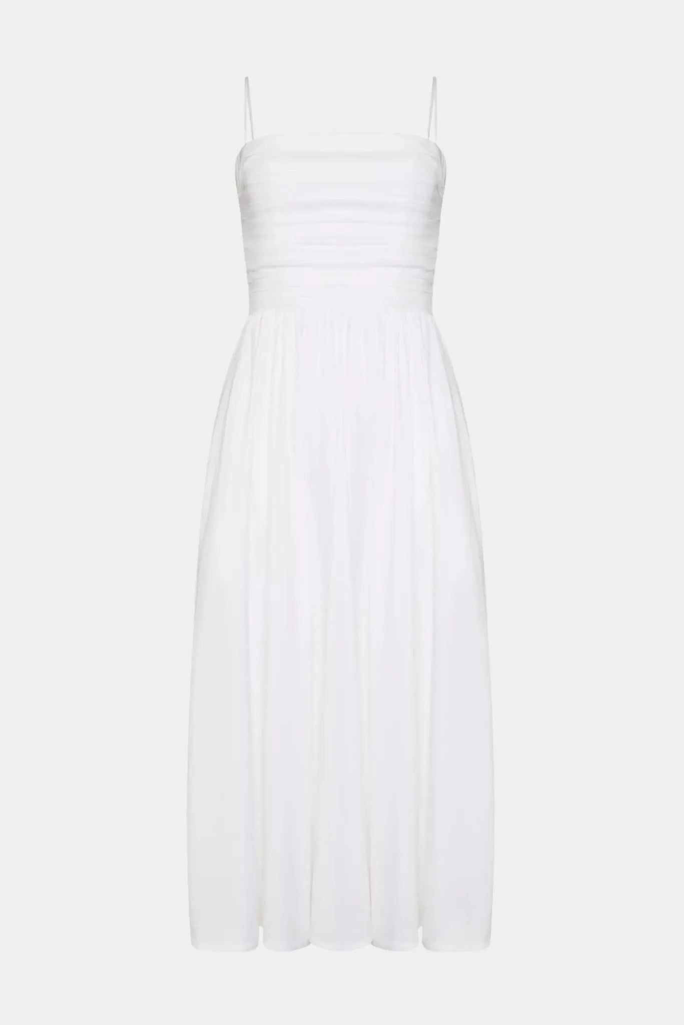 Vestido Midi Drapeado Sophie Gaia branco com alças delicadas, corpo drapeado e caimento leve