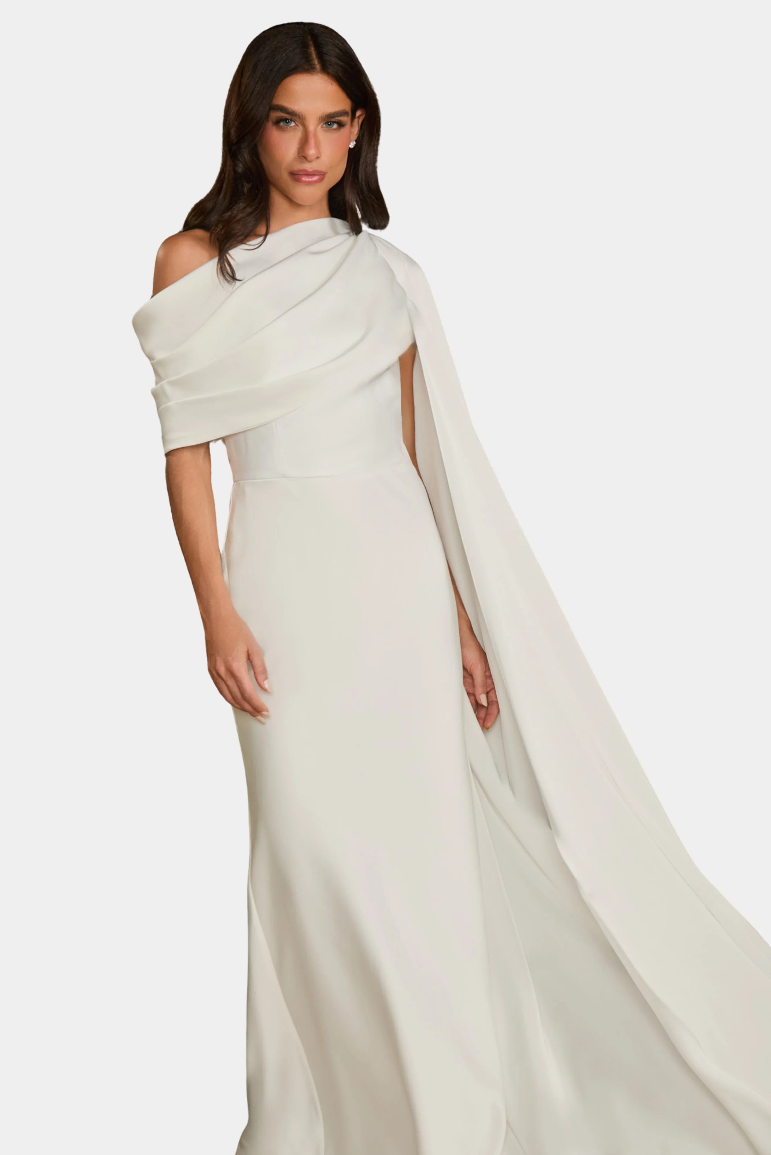 Vestido longo Isabelle Fabulous off-white com drapeado no busto, um ombro só e capa