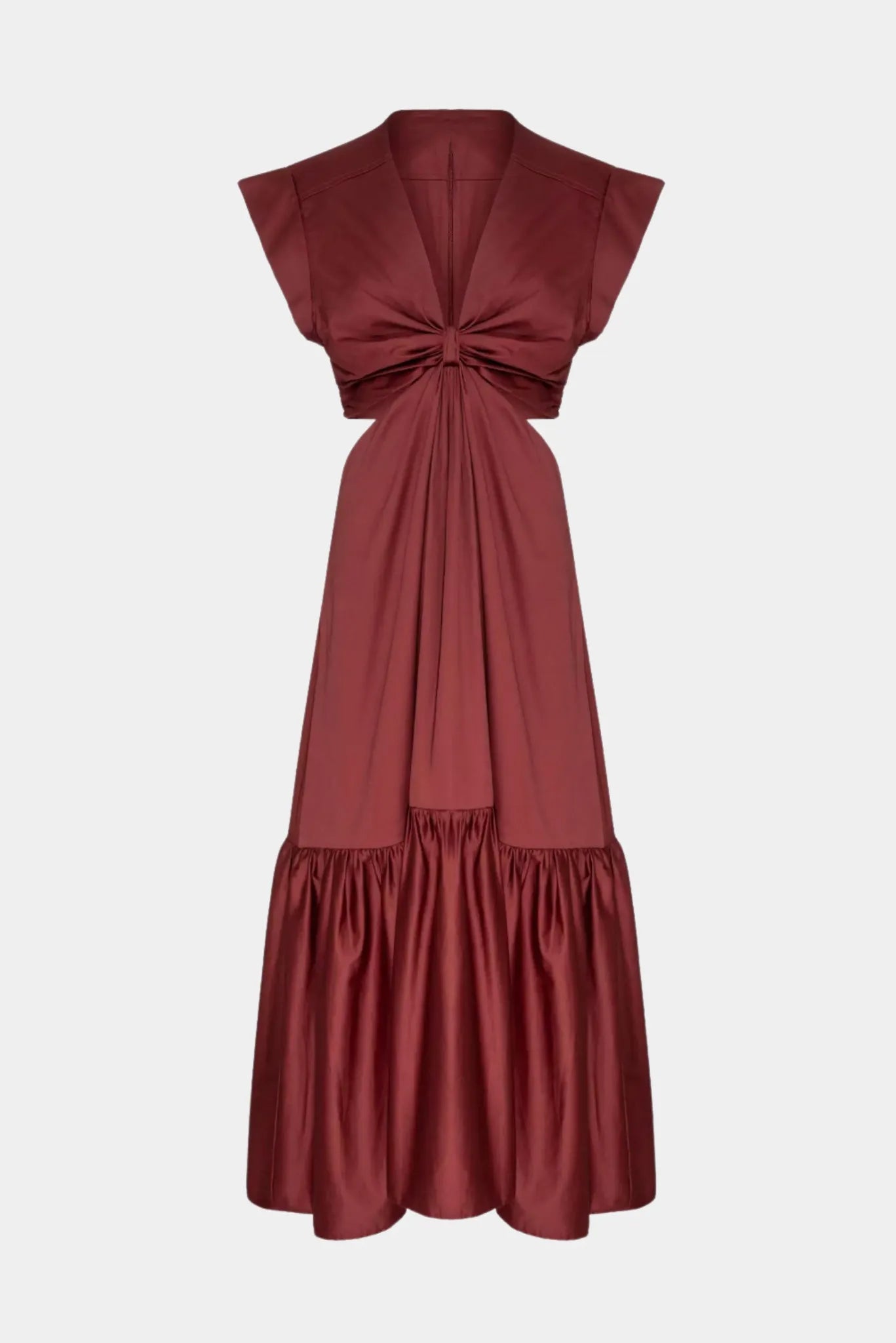 Vestido Longo Vicky Gaia marrom com decote V, cintura marcada e caimento fluido
