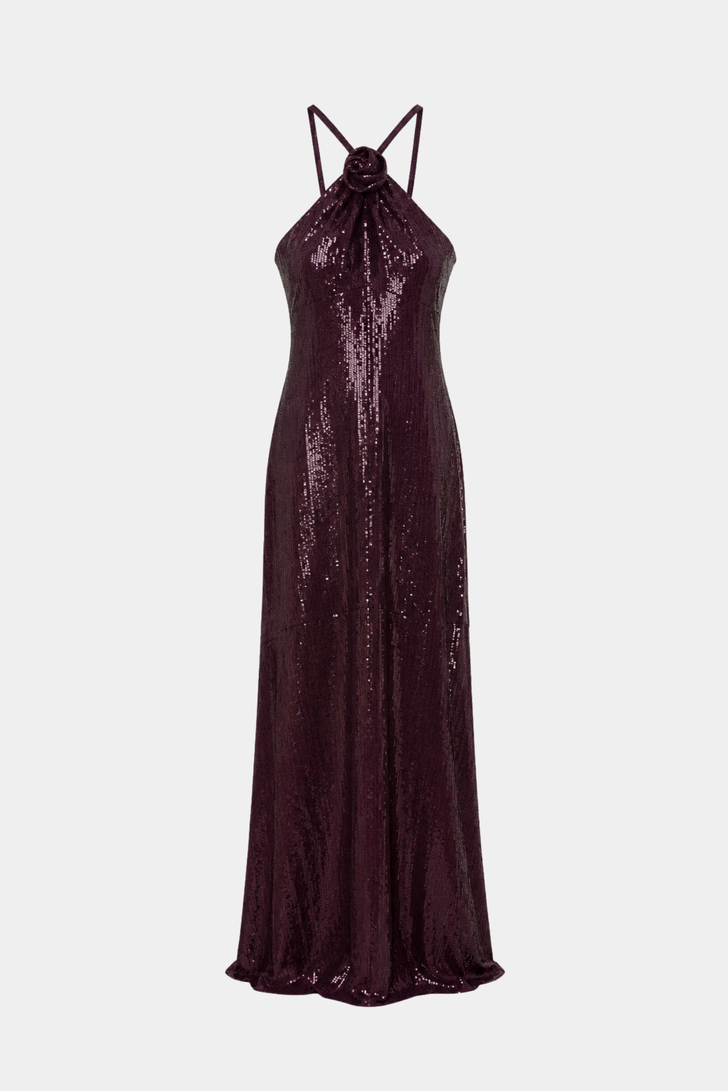 Vestido sereia longo vinho em paetês com decote halter, flor aplicada no busto e costas abertas