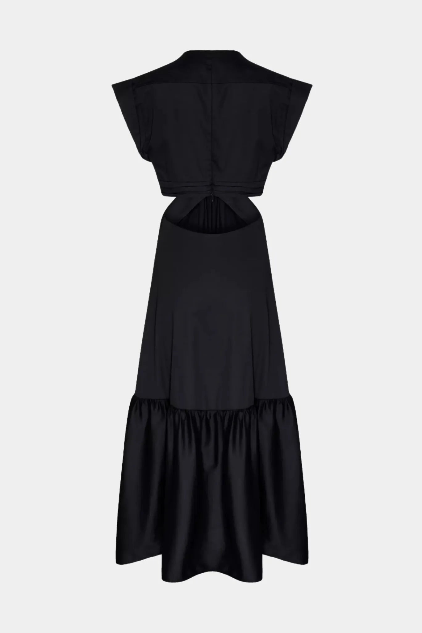 Vestido Longo Vicky Gaia preto com recorte traseiro e saia ampla com babado