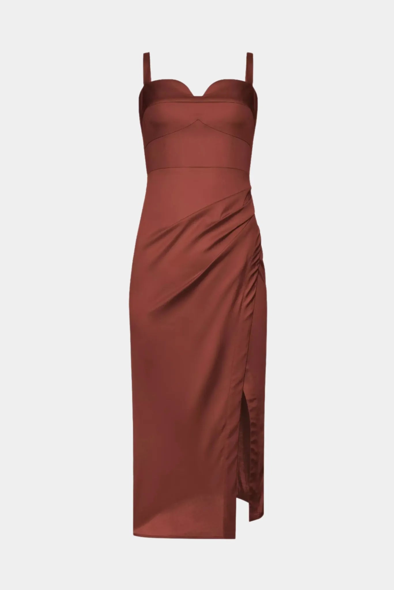 Vestido Midi Lia Gaia marrom com decote coração, drapeado lateral e fenda