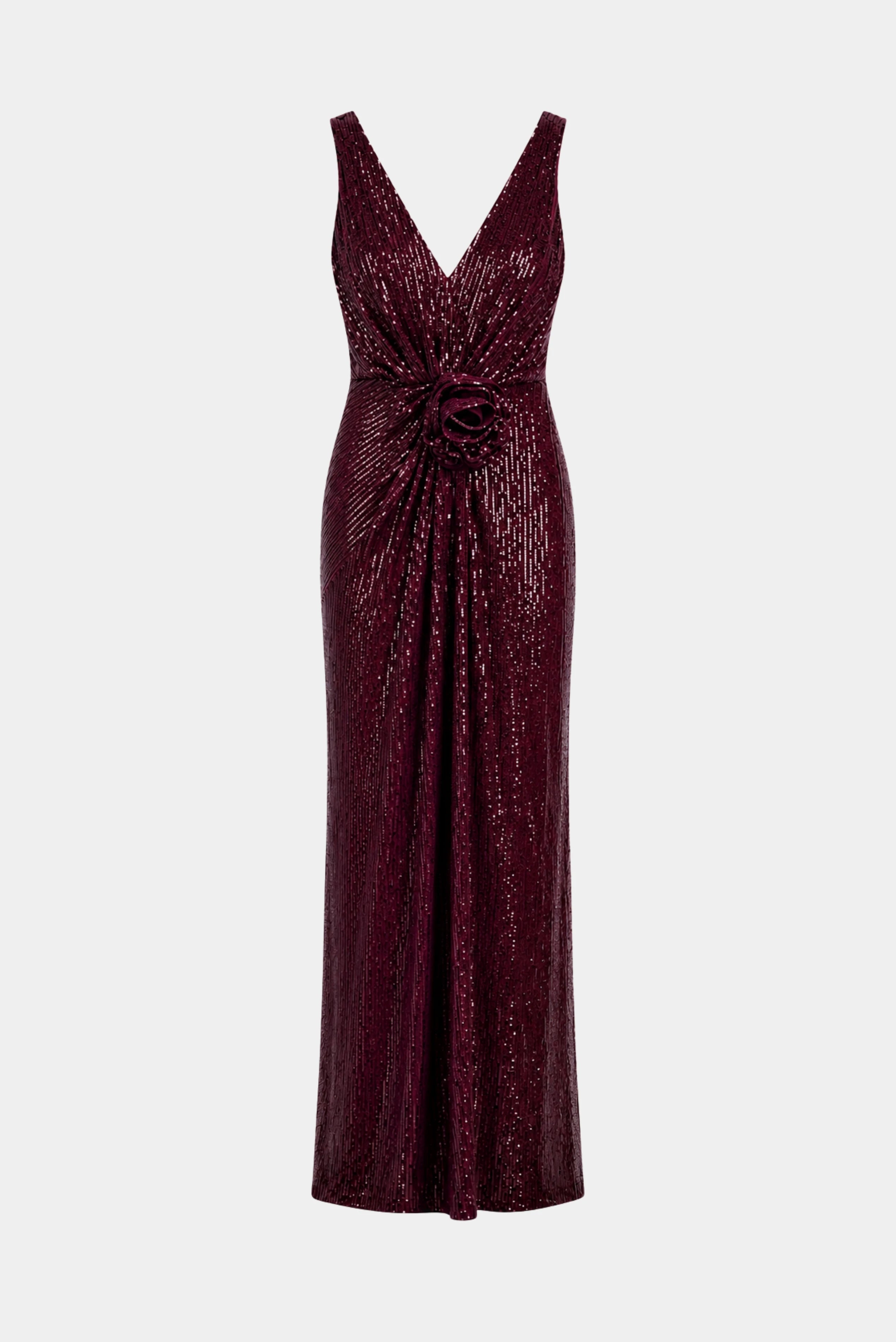 Vestido sereia longo vinho em paetês com decote V e flor aplicada na cintura em fundo branco