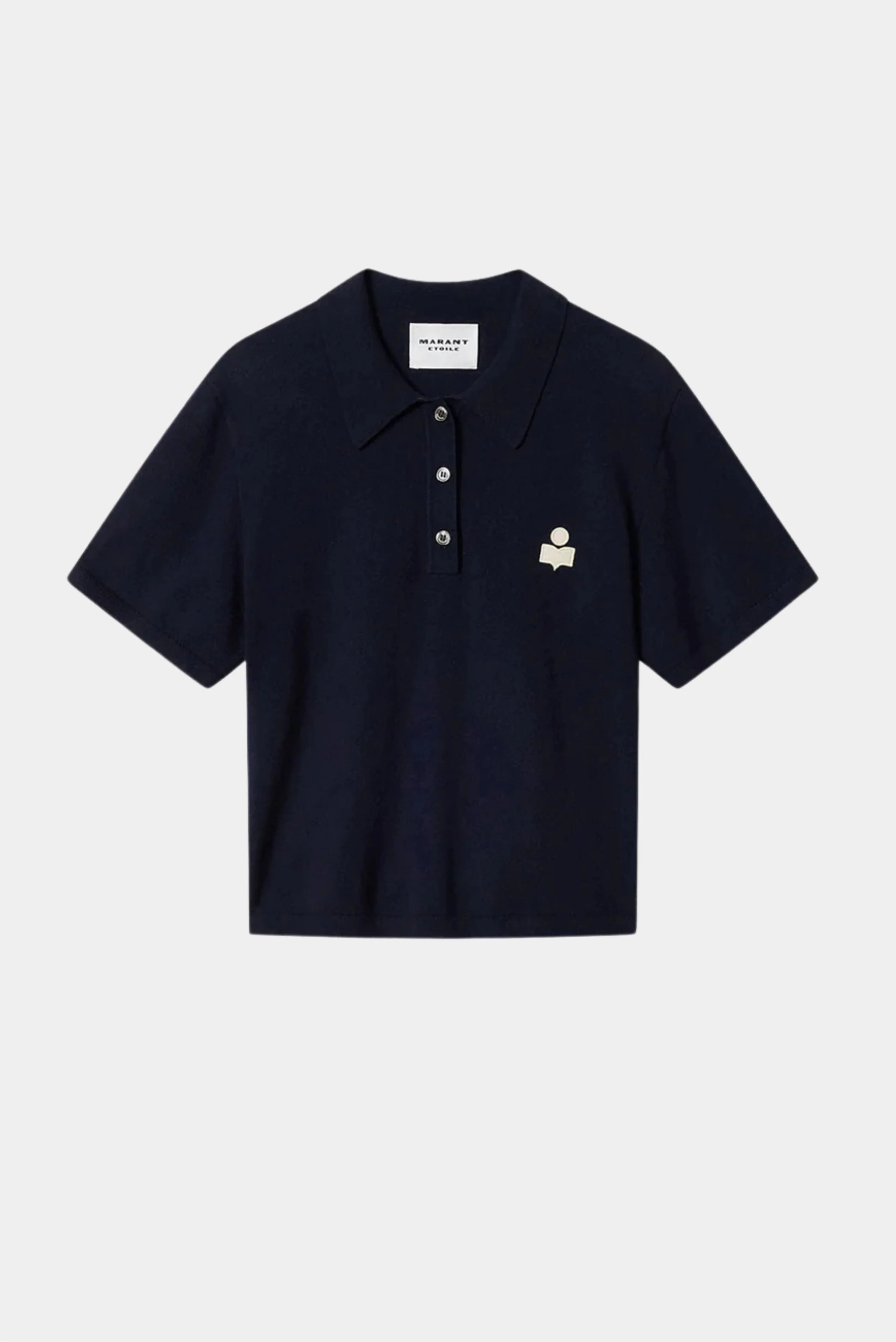 Polo de tricot azul-marinho Isabel Marant com gola clássica, mangas curtas e bordado frontal