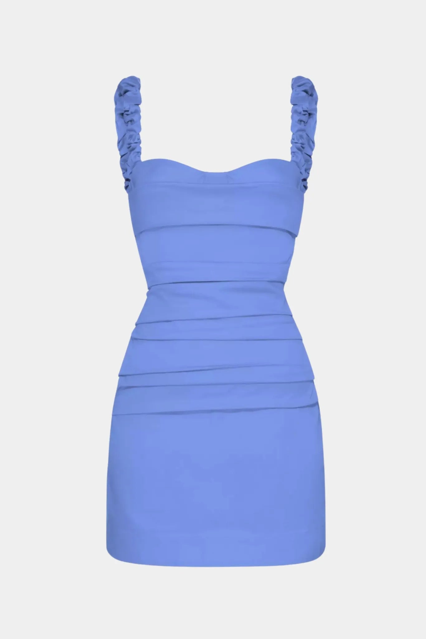 Vestido Curto Lipa Gaia azul com alças franzidas e modelagem ajustada