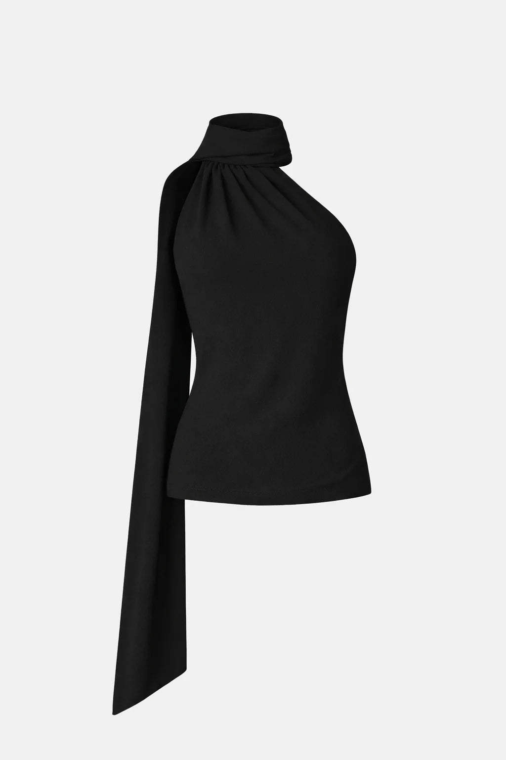 Blusa Nay fabulous preta em cetim com gola alta drapeada e faixa longa