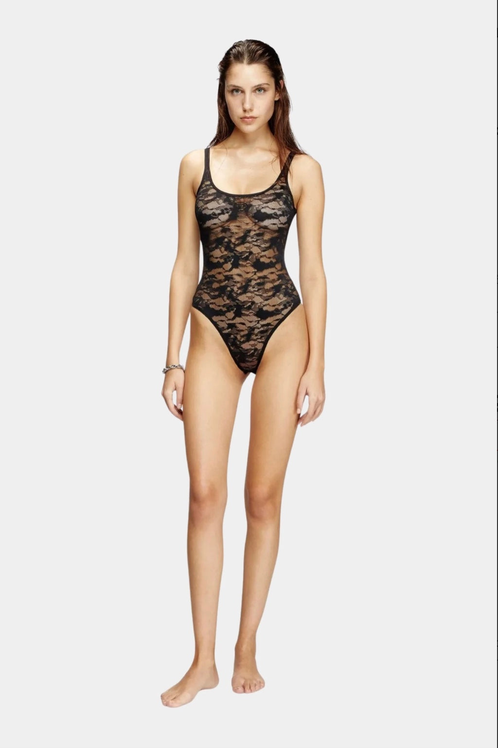 Body preto em renda transparente Diesel com modelagem cavada feminina