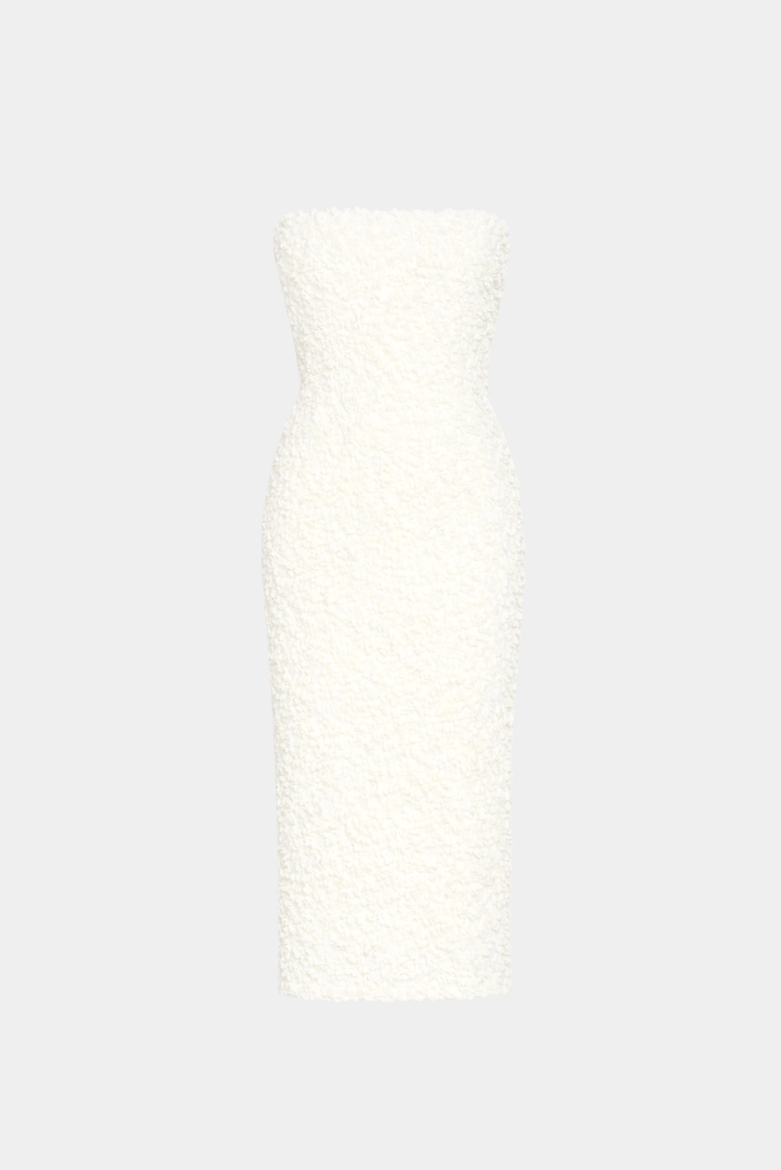 Vestido Midi Yolanda off white tomara que caia com textura floral aplicada e modelagem ajustada