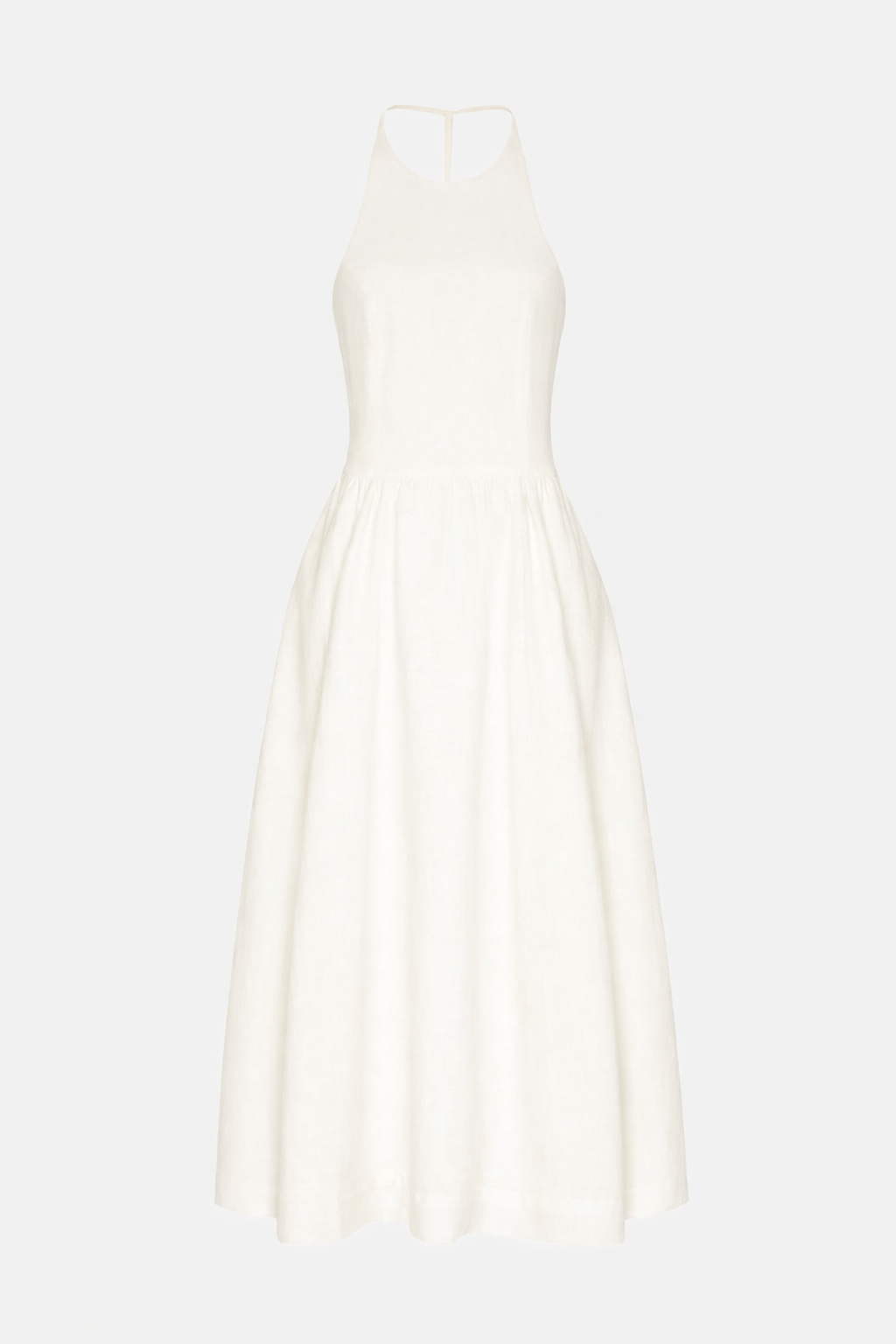 Vestido midi em linho Bella MR off white com modelagem evasê e decote halter feminino