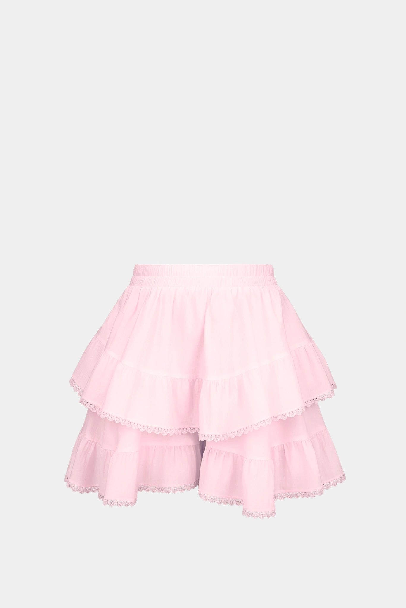 Saia com babados rosa claro Izabel Gaia em camadas com acabamento rendado