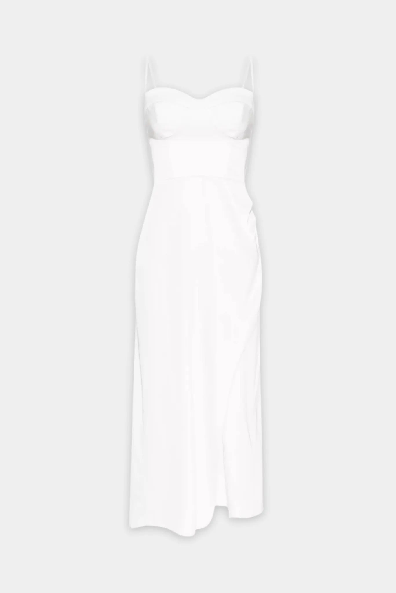 Vestido midi Annabelle Gaia branco com alças finas, busto estruturado e fenda frontal