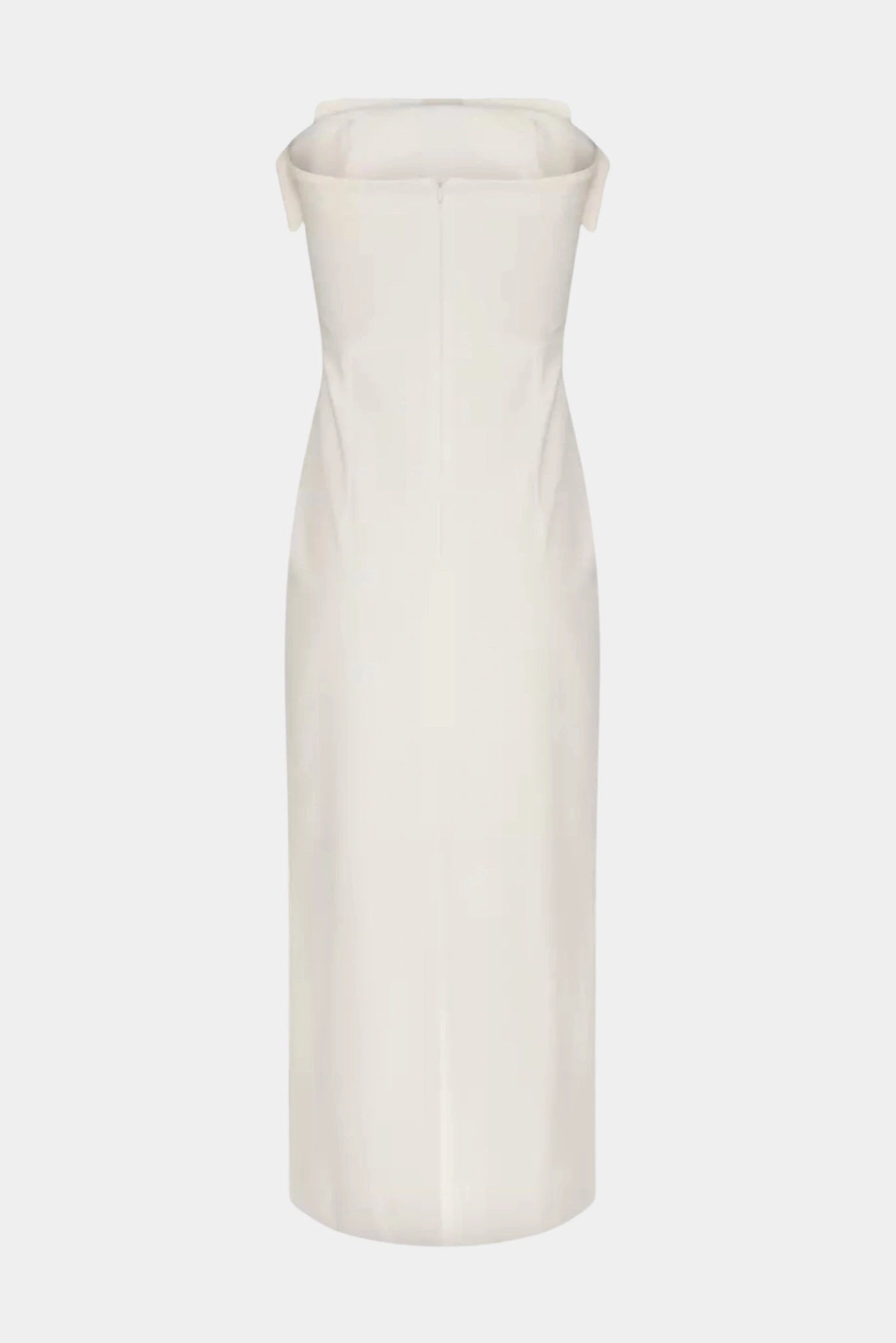 Costas do vestido midi de noiva Glacé Gaia off-white com modelagem reta e decote ombro a ombro