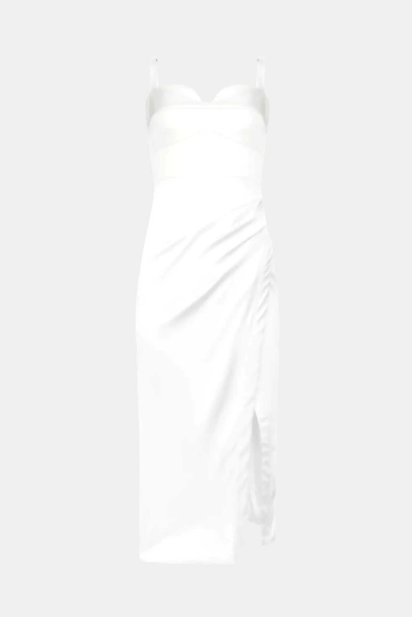 Vestido Midi Lia Gaia branco com decote coração, drapeado lateral e fenda frontal