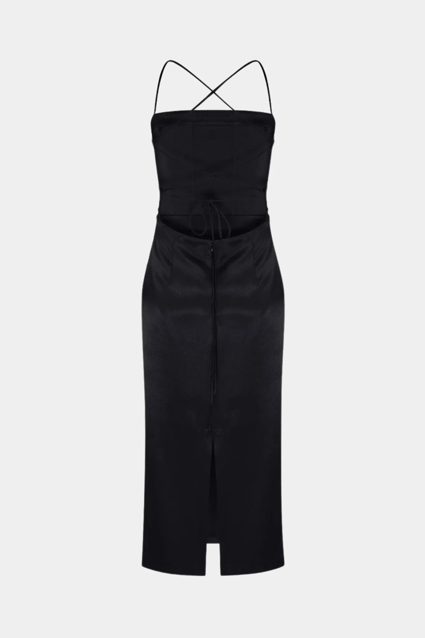 Vestido Midi Tressé Gaia preto com costas abertas, tiras ajustáveis e fenda posterior