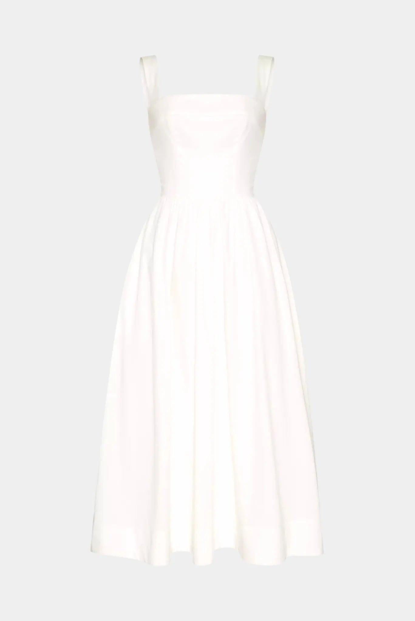 Vestido midi Antonieta Gaia off-white com decote reto, alças largas e saia evasê