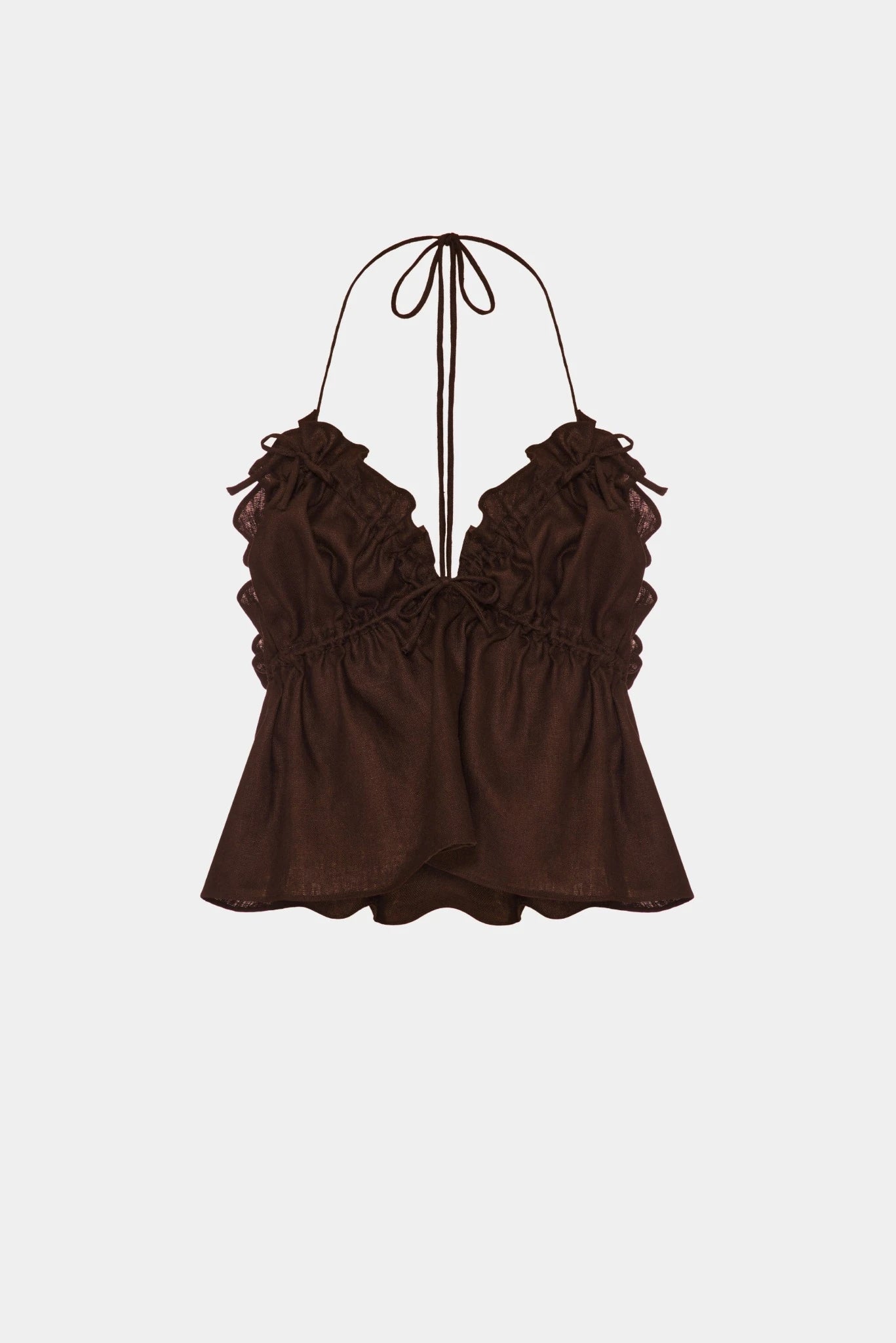 Top Gigi Linho MR marrom com amarração no pescoço e detalhe franzido frontal