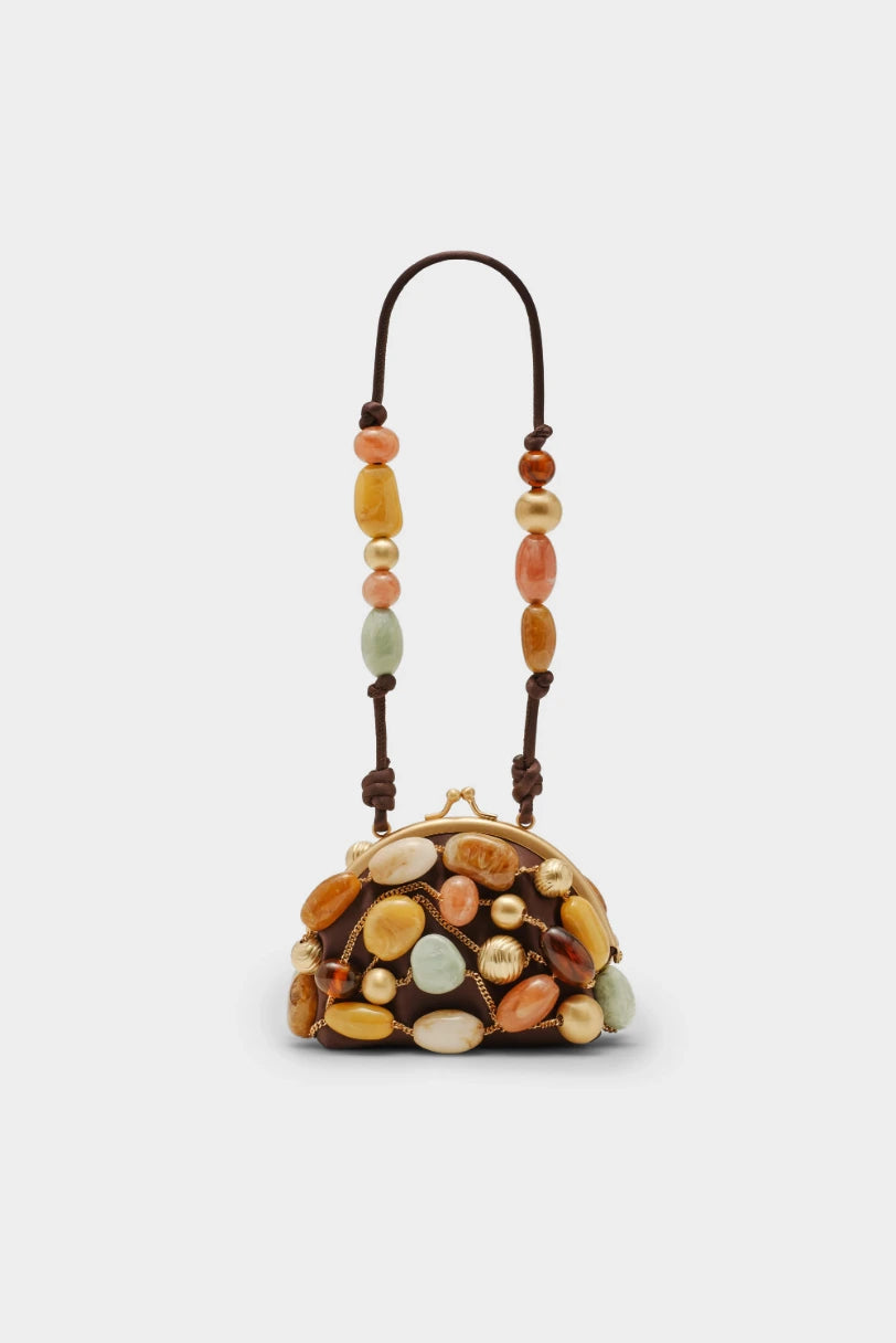 Bolsa de Festa Mercier Cult Gaia com pedras multicoloridas e alça de pulso