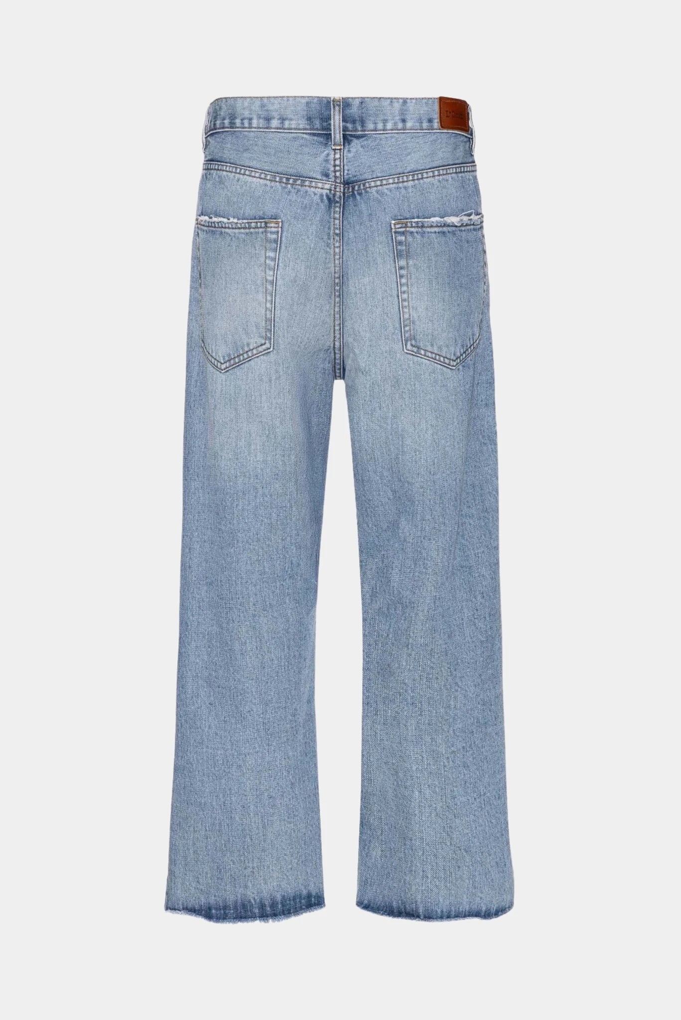 Vista traseira da Calça Cross Over L•Dnim em jeans claro com cintura diferenciada