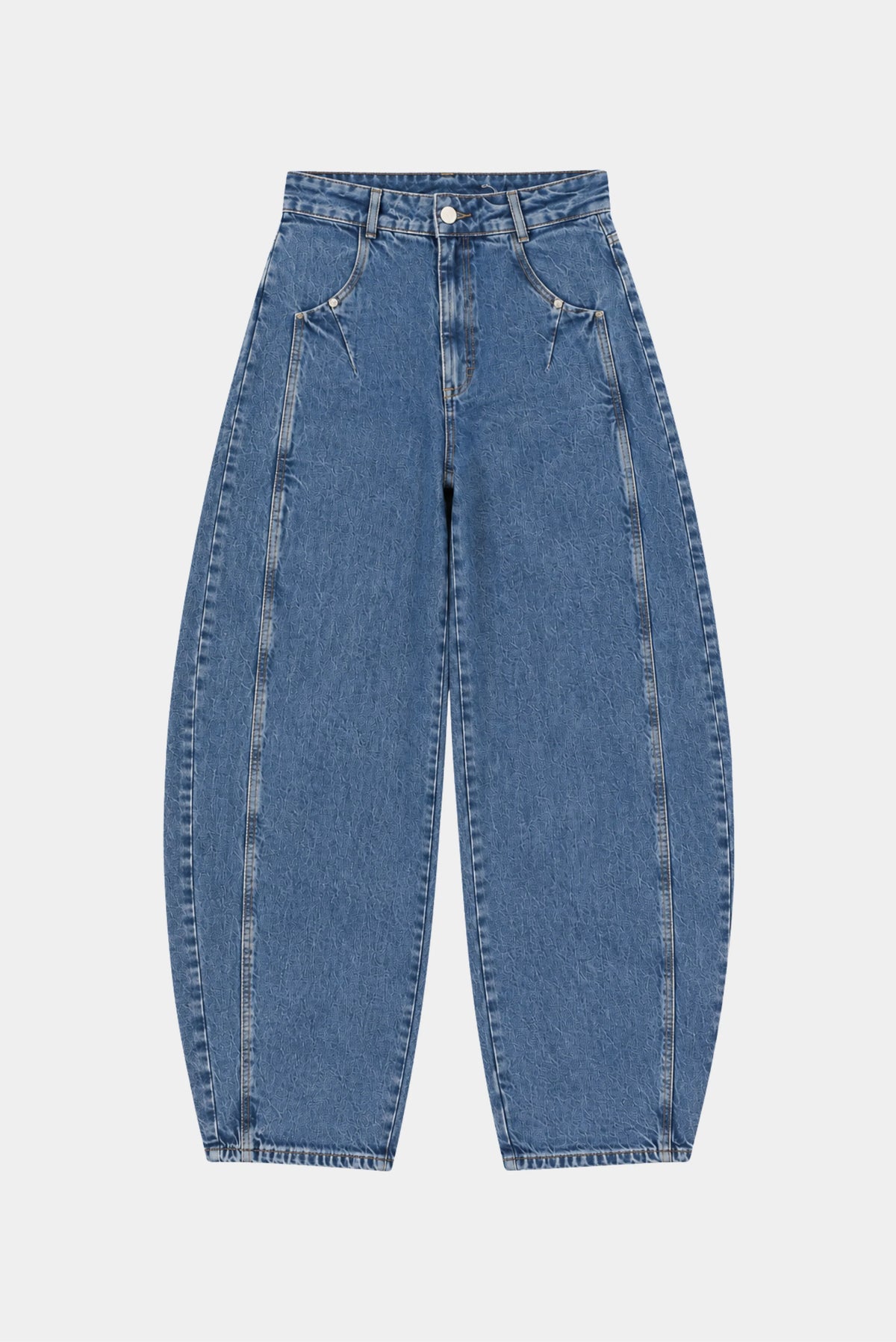 Calça jeans Round Francesca azul com cintura alta, pernas amplas e recortes frontais