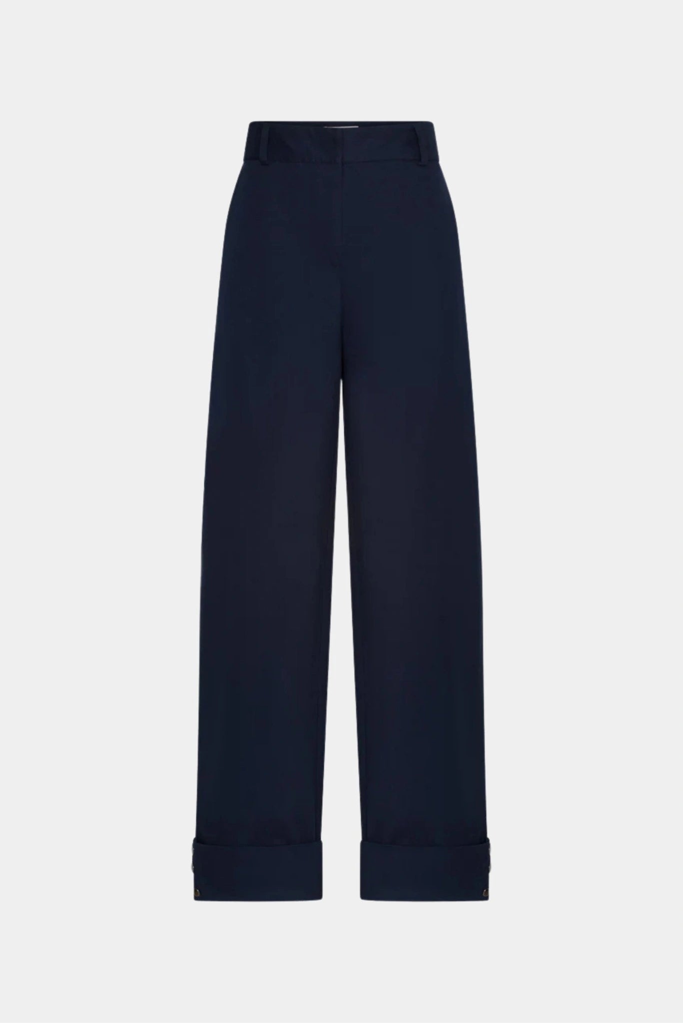 Calça azul-marinho de alfaiataria com modelagem ampla e barra dobrada