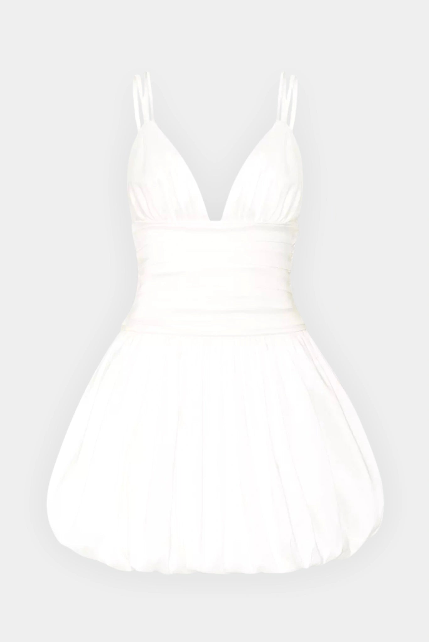 Vestido curto Flora Balonê Gaia off-white com decote profundo, alças finas duplas e saia balonê