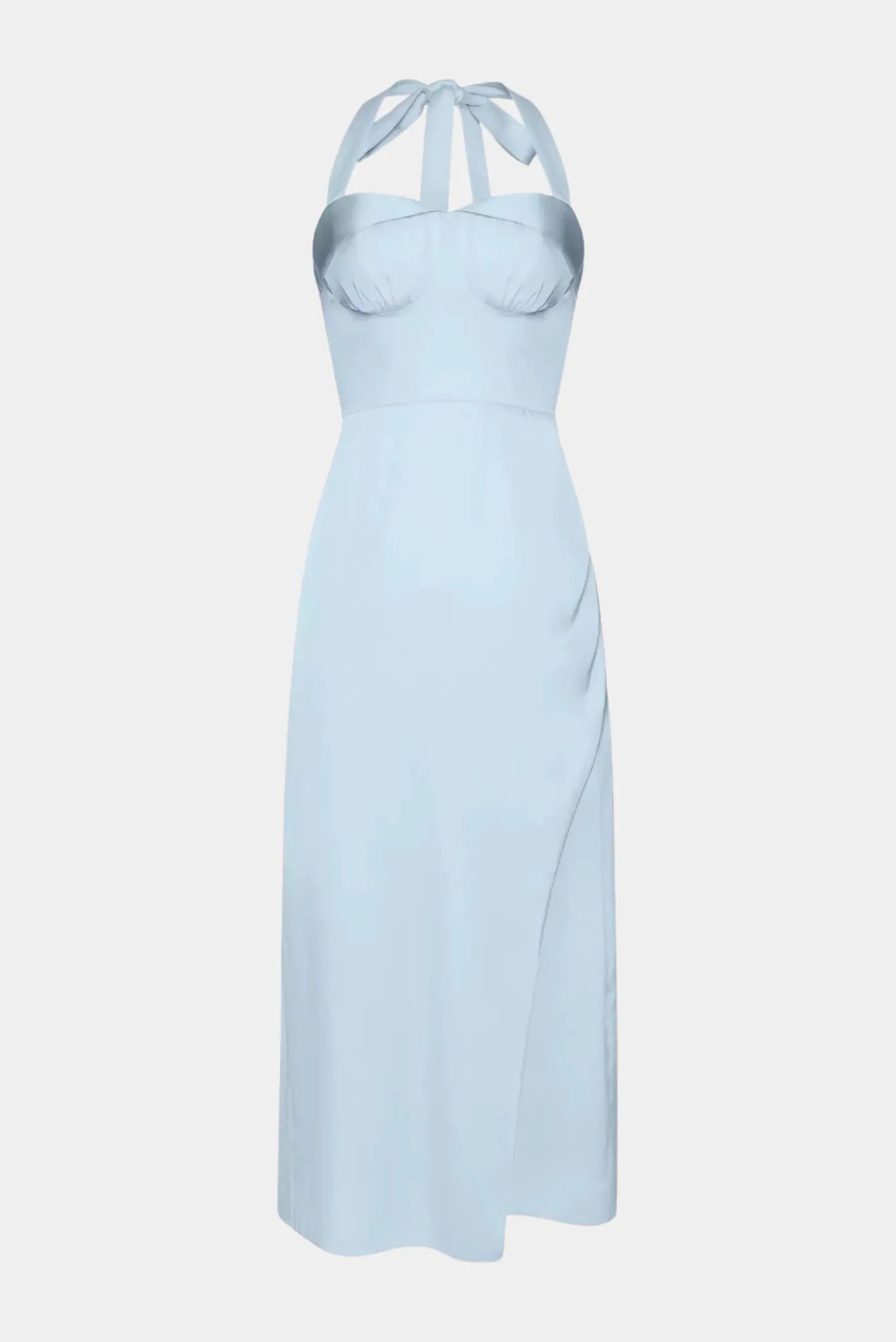 Vestido midi Celine Gaia azul claro com decote estruturado e amarração no pescoço