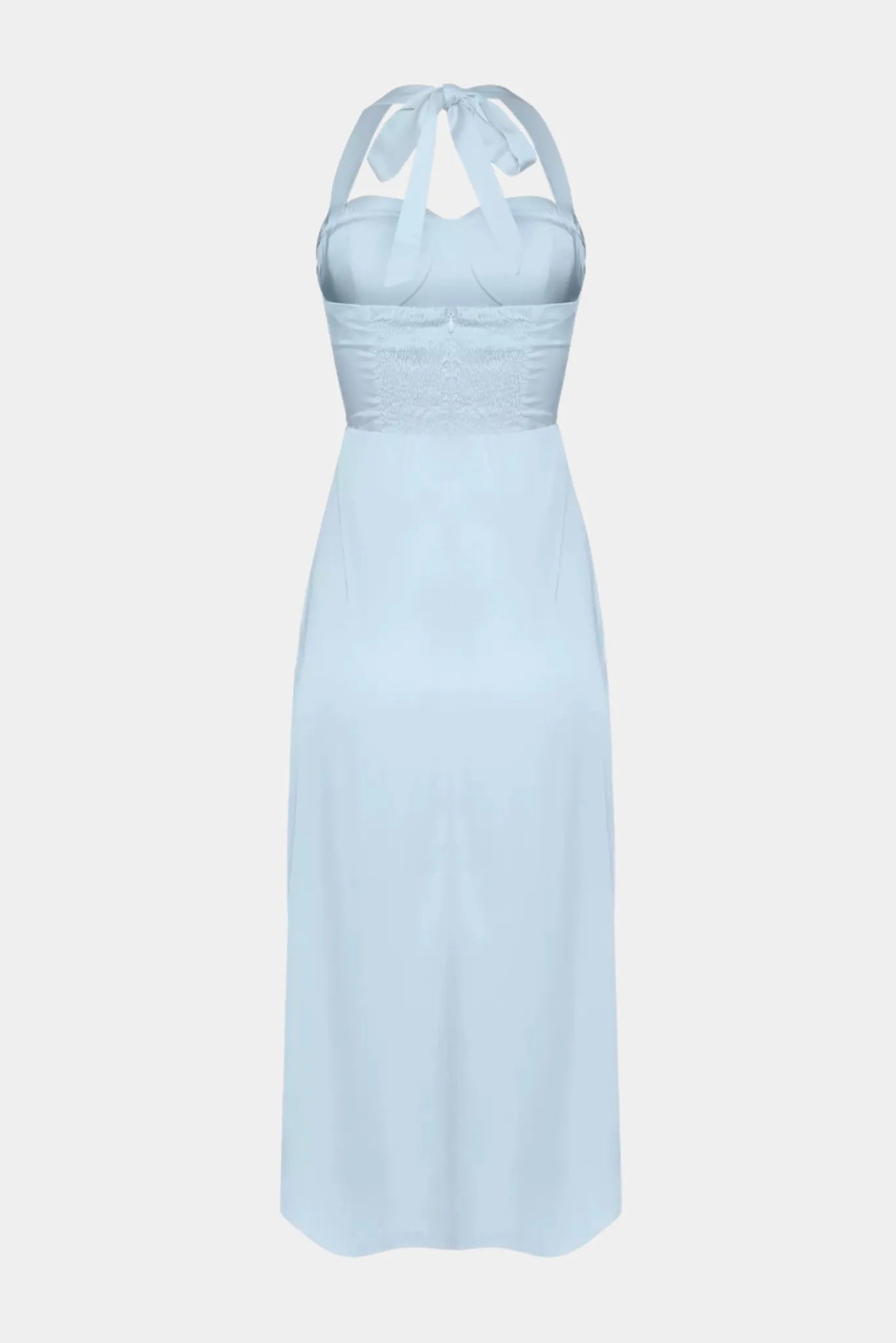 Costas do vestido midi Celine Gaia azul claro com laço e lastex posterior