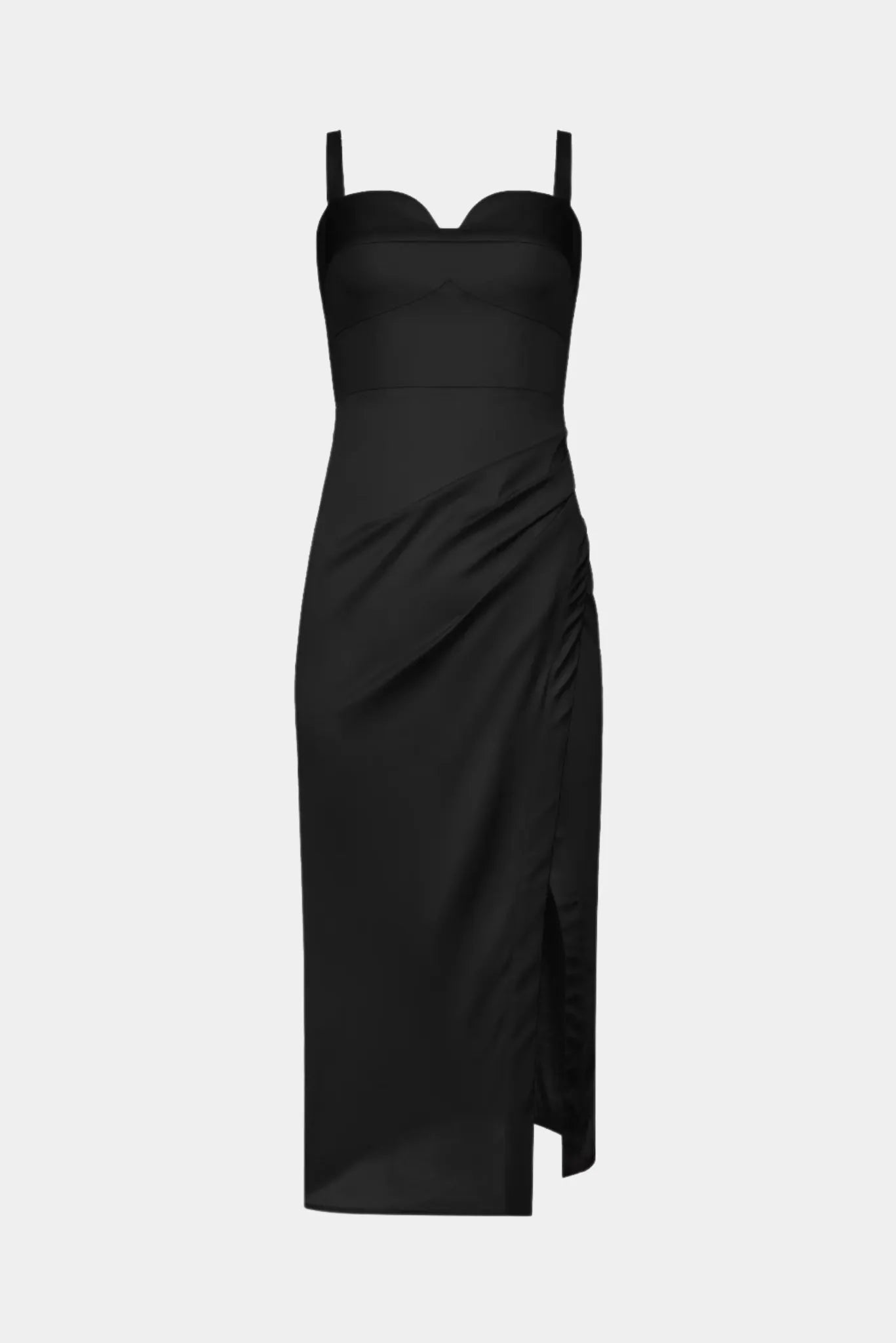 Vestido Midi Lia Gaia preto com decote coração, drapeado lateral e fenda frontal
