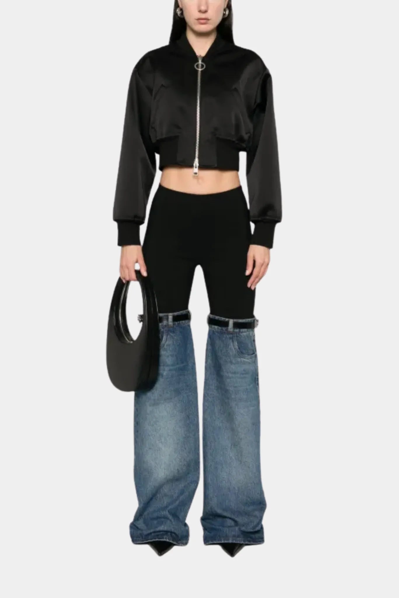Calça jeans hybrid Coperni com legging preta e modelagem ampla
