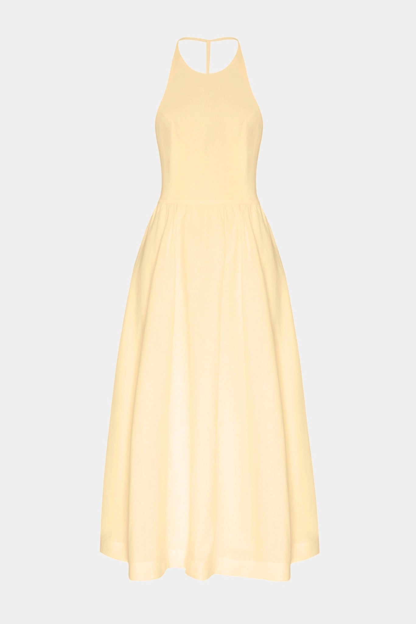 Vestido midi em linho Bella MR amarelo claro com caimento leve e modelagem evasê