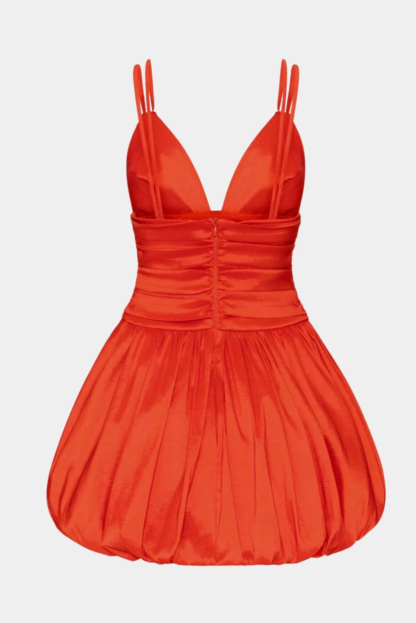 Costas do vestido curto Flora Balonê Gaia laranja com alças duplas e saia balonê estruturada