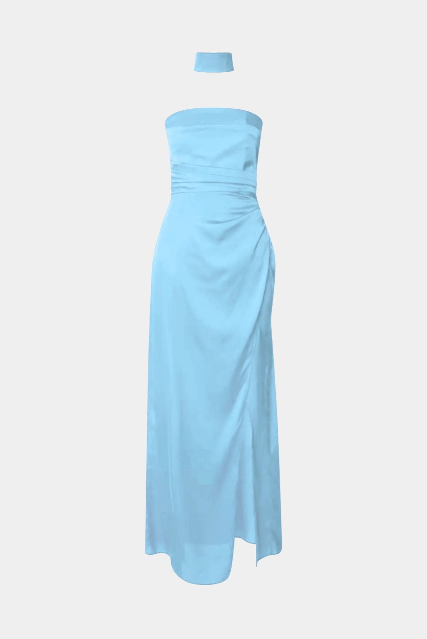 Vestido de Festa Longo Opera MR azul claro tomara que caia com drapeado e gola removível