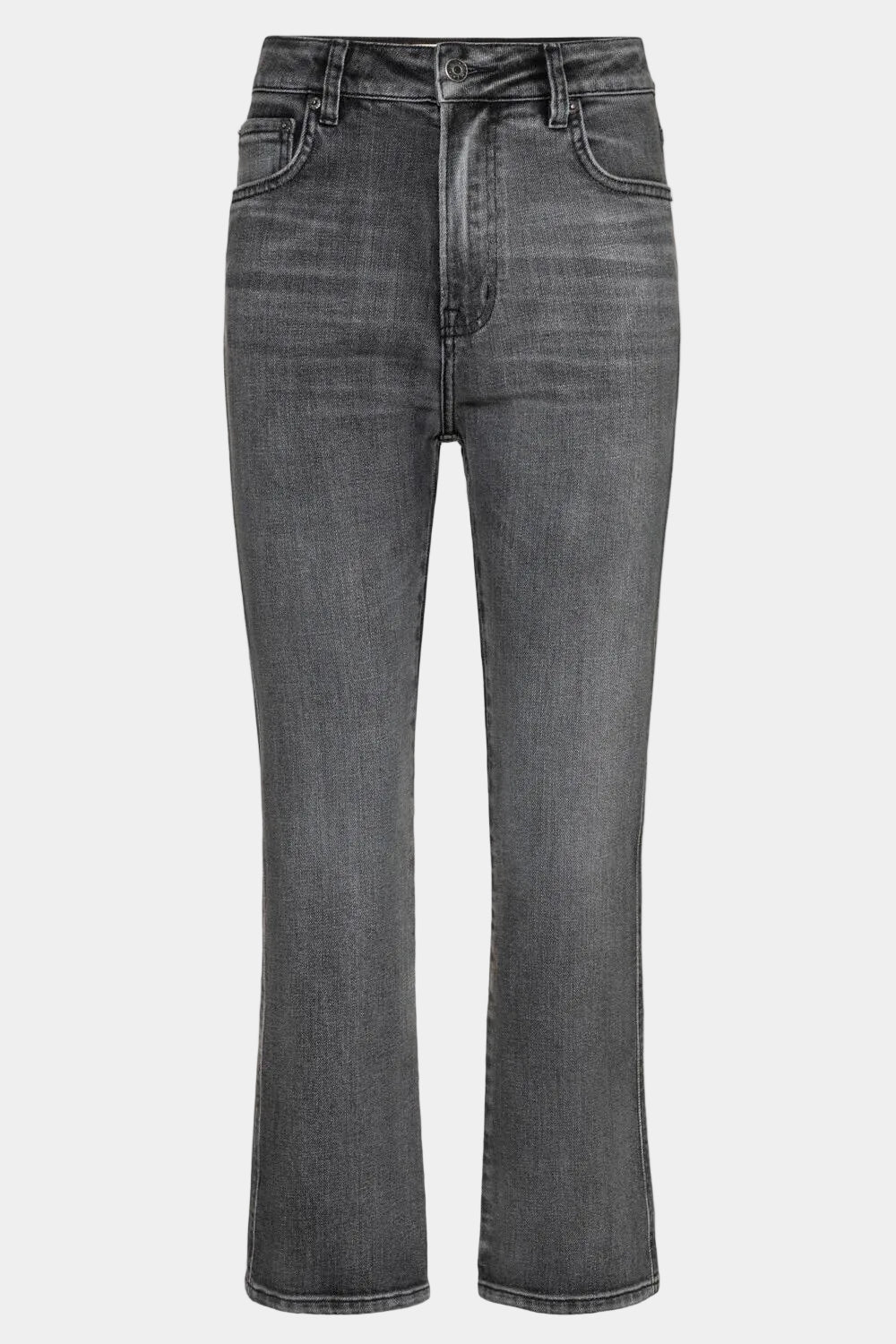 Calça jeans cinza de cintura alta com modelagem reta e barra levemente aberta
