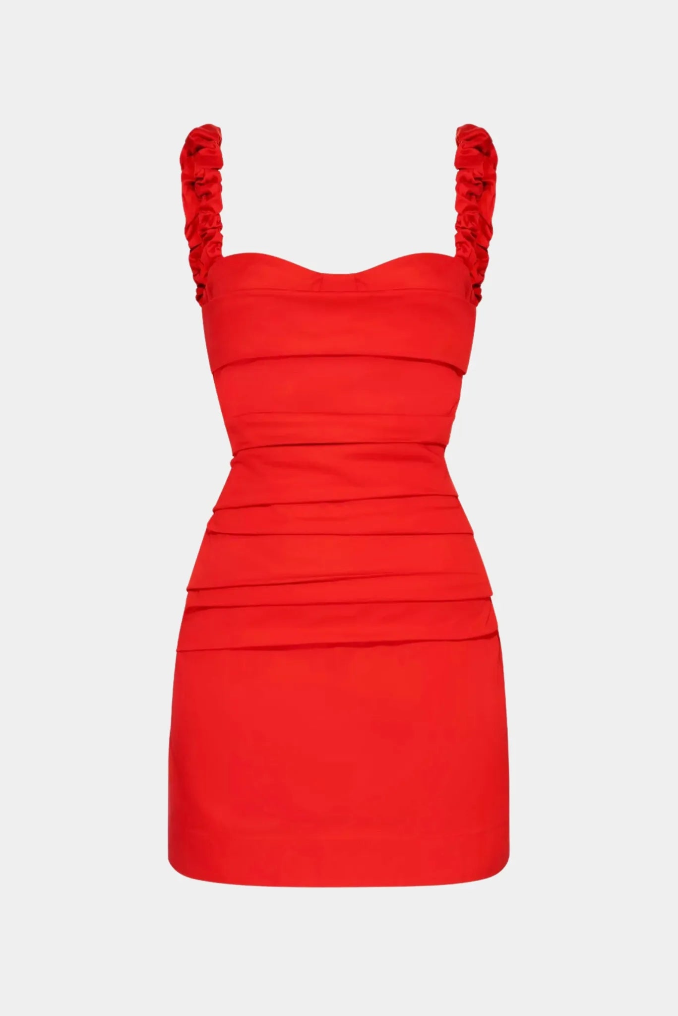 Vestido Curto Lipa Gaia vermelho com alças franzidas e recortes horizontais na cintura