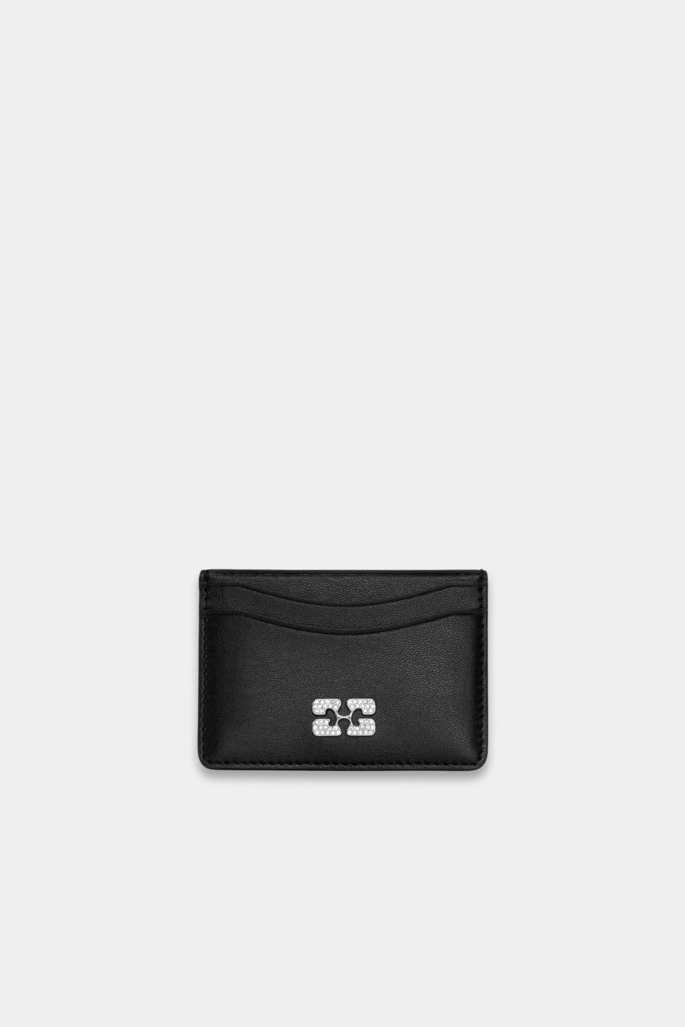 Porta Cartão Strass Ganni preto com compartimentos frontais e logo metálico com strass