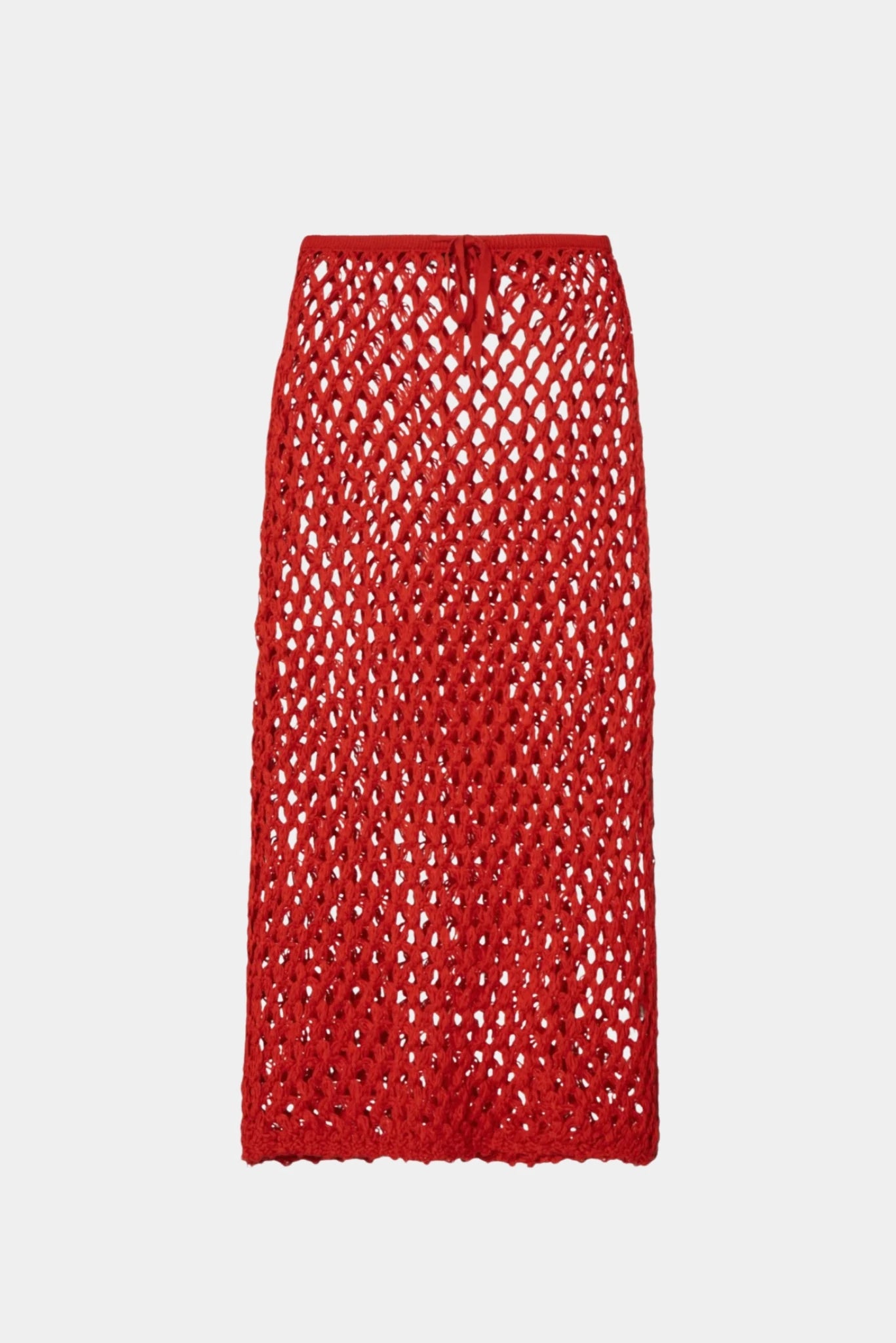 Saia Moana Haight em tricot vazado vermelho com trama aberta e amarração na cintura