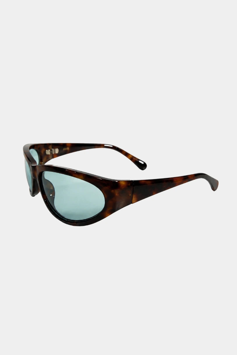 Óculos de Sol Techno MR tartaruga com lente azul, vista lateral com hastes largas