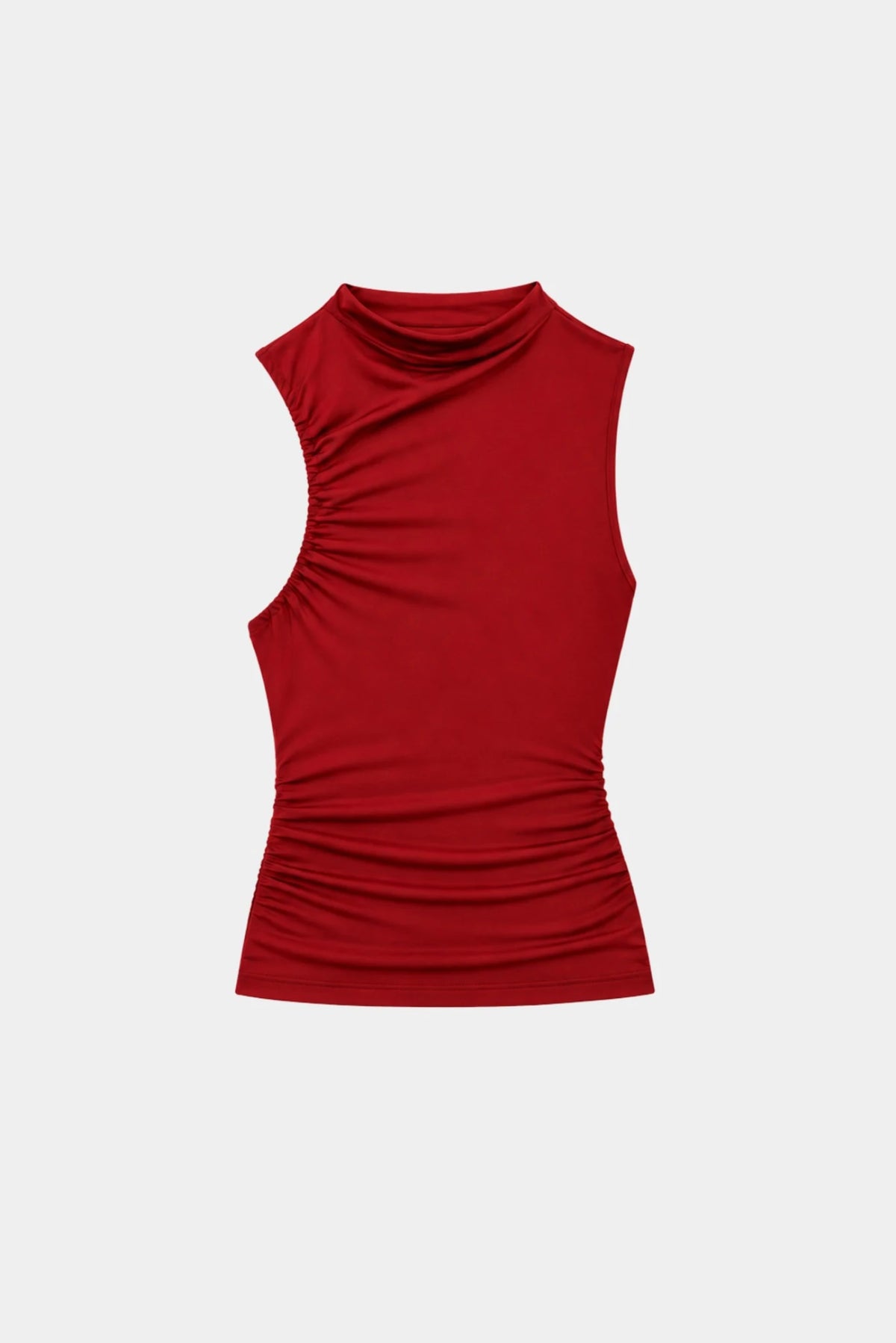 Blusa vermelho sem mangas com gola alta e drapeado lateral assimétrico