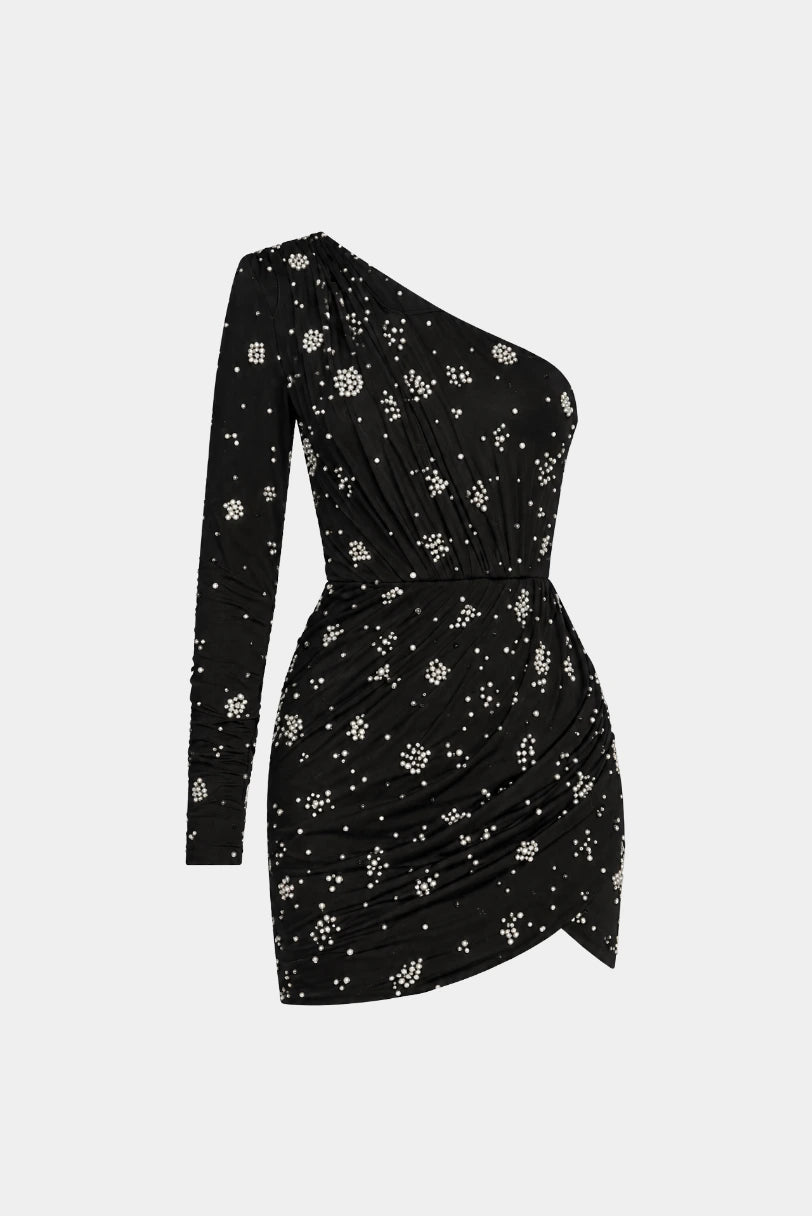 Vestido Curto Madson Drapeado Fabulous preto em malha com bordado de perolas e ombro unico