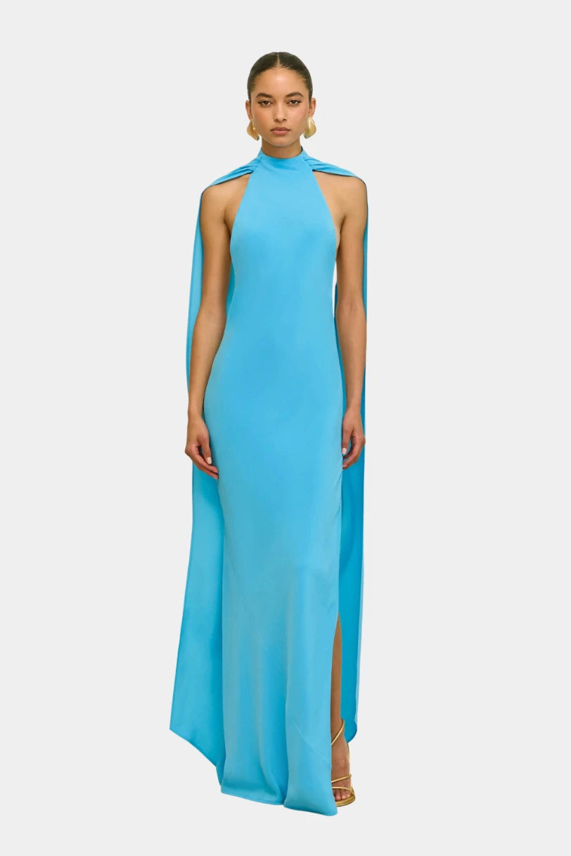 Vestido Longo Doe Cult Gaia azul em seda com gola alta e amarracao