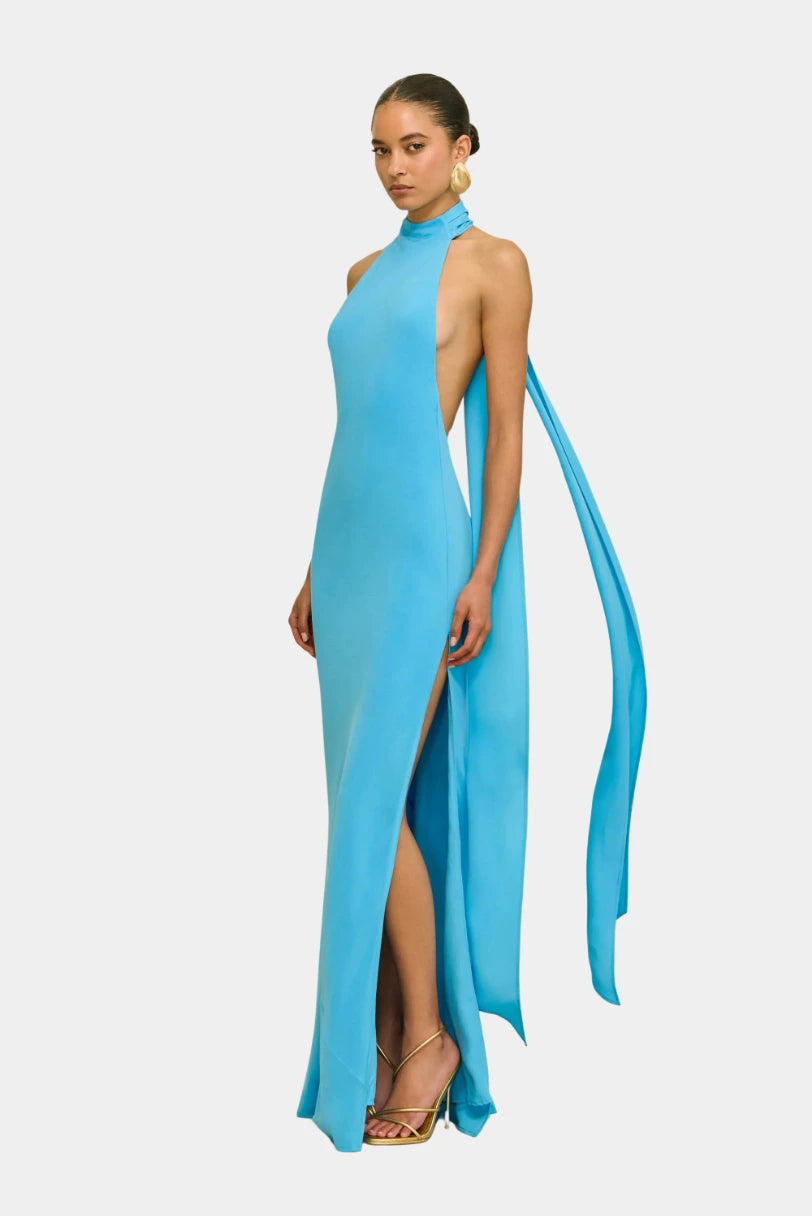 Costas baixas do Vestido Doe Cult Gaia azul em seda